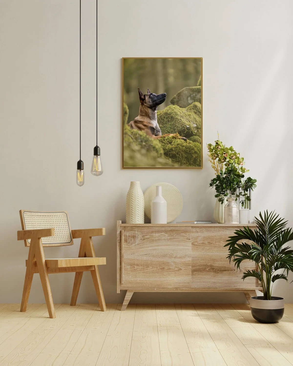 Modern hallway decor with vertical dog portrait of a Ren a German Shephard, professionally photographed by The Pawtrait Space