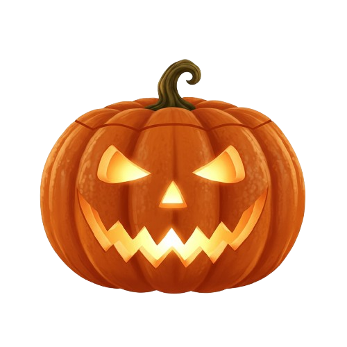 Lit Halloween pumpkin with a carved evil face and a curly stem.