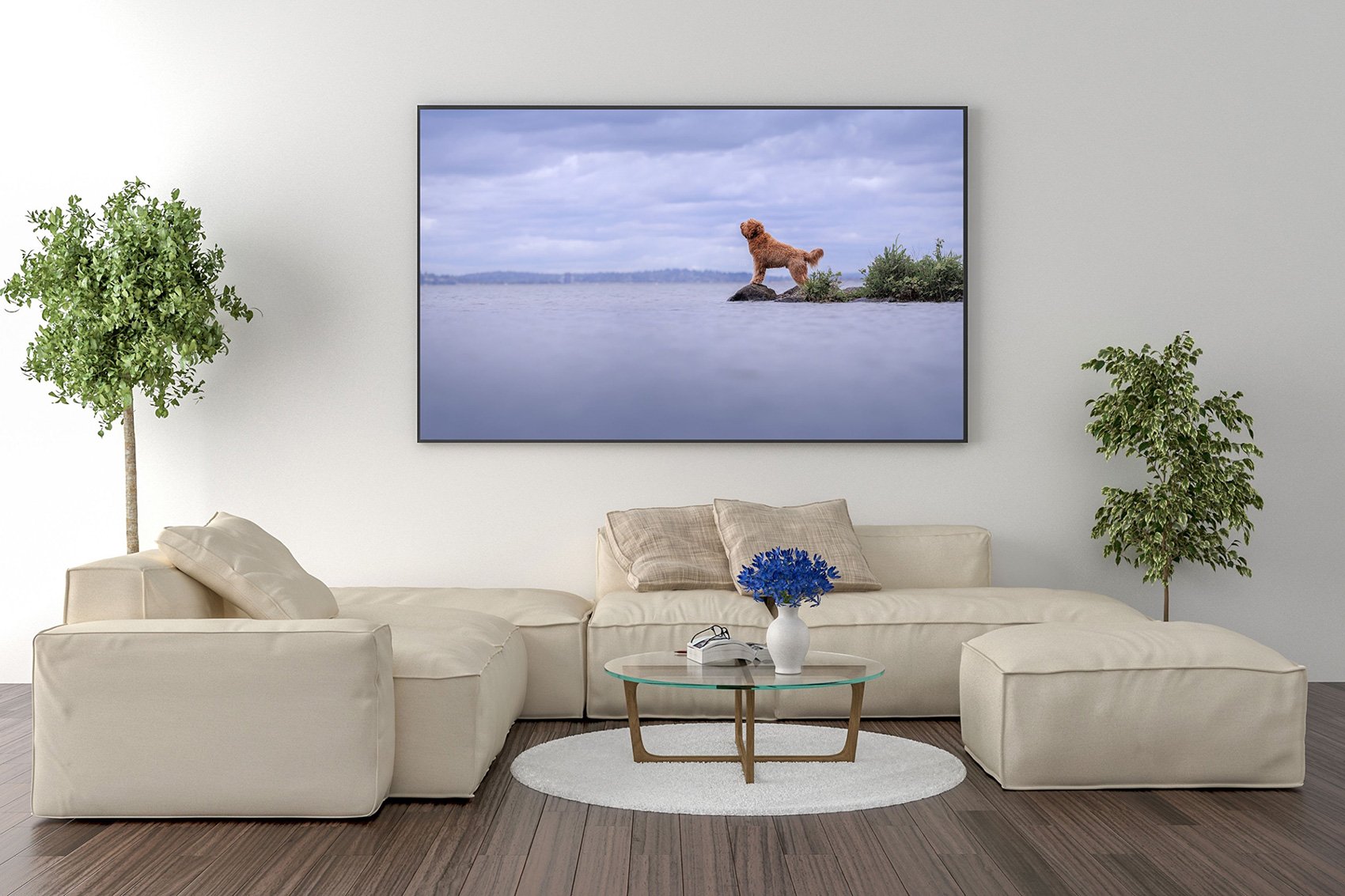 Minimalist living room decor with custom Dog portrait print by The Pawtrait Space featuring a Goldendoodle posing at Lake Washington
