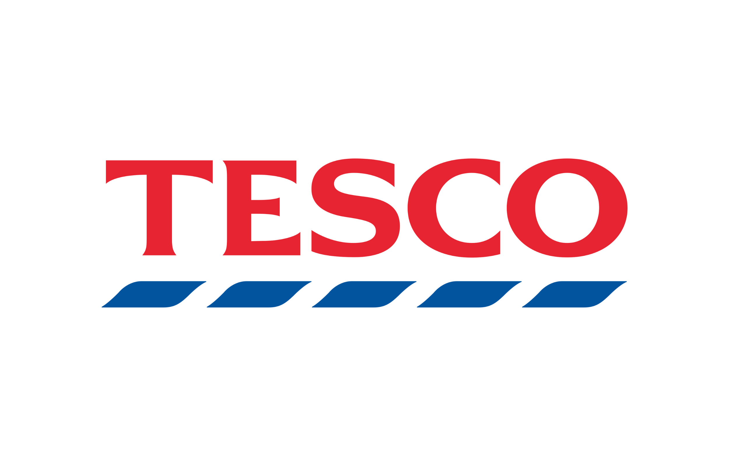 Tesco logo with red letters and blue diagonal stripes underneath.