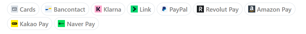 Row of payment method icons including Cards, Bancontact, Klarna, Link, PayPal, Revolut Pay, Amazon Pay, Kakao Pay, Naver Pay.