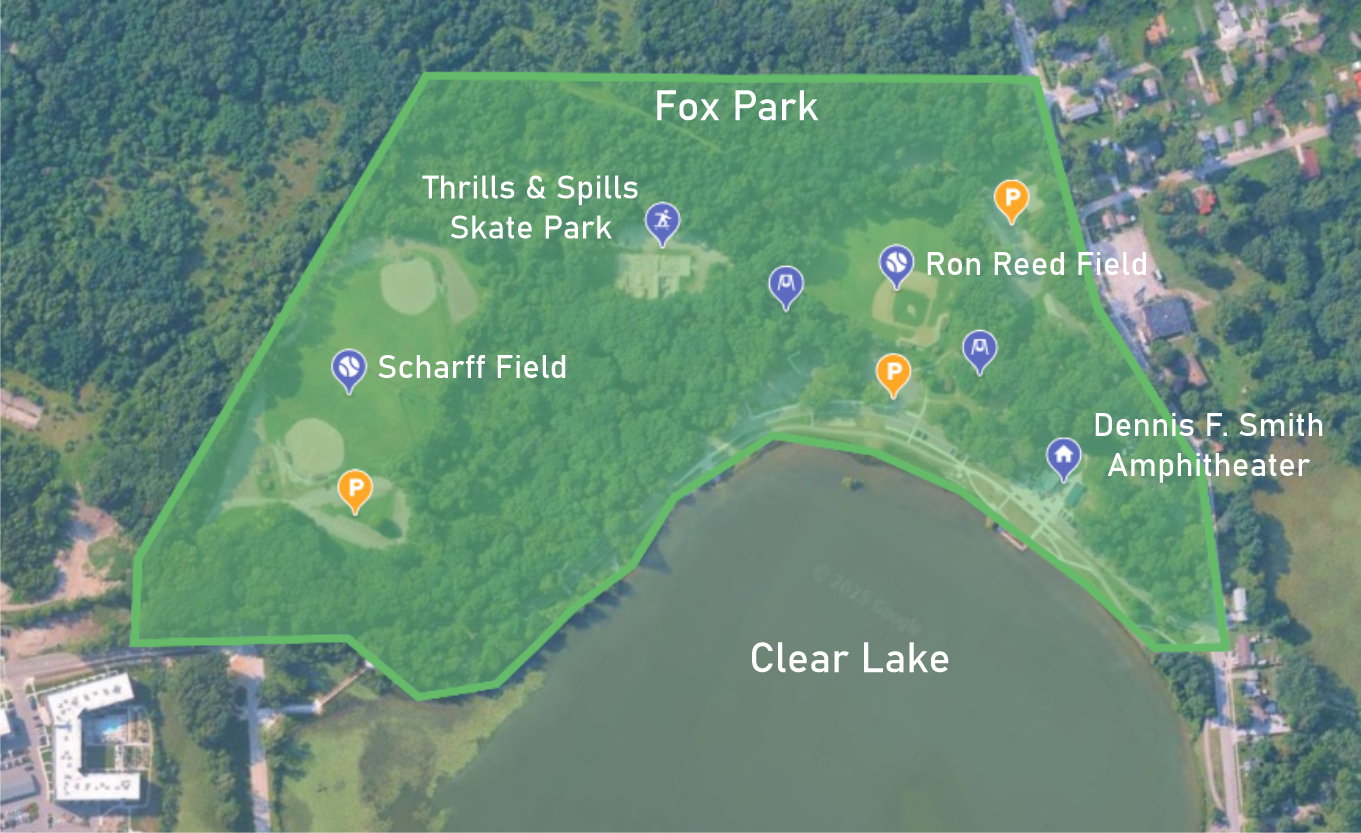 Map of Fox Park, including trails, fields, amphitheater, and lake, with parking areas marked and surrounding residential neighborhood.