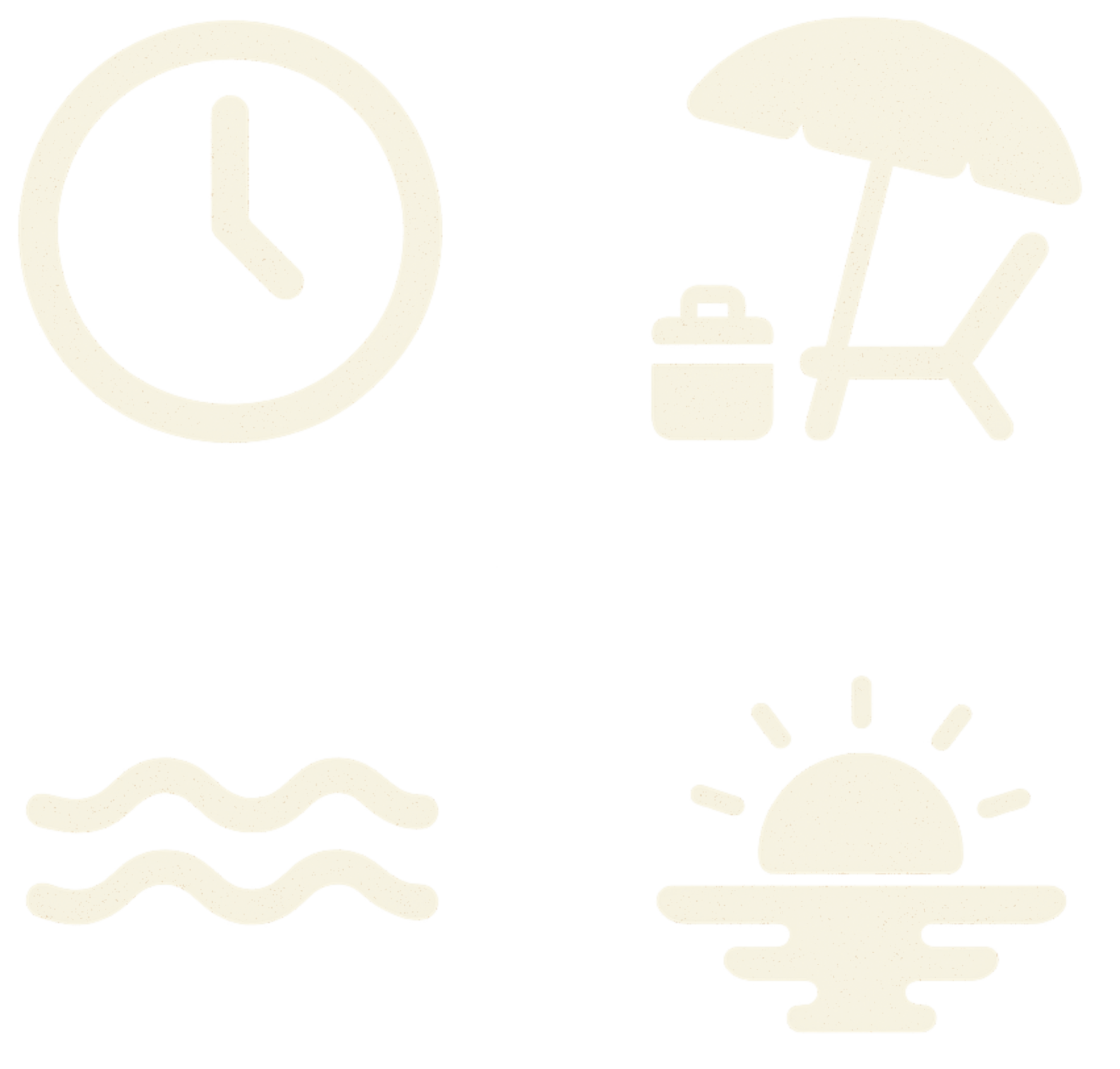 A clock, a beach chair with an umbrella, waves in the ocean, and a setting sun