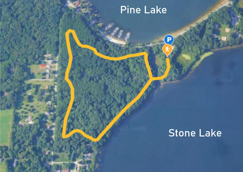 Map showing a walking trail a near Stone Lake with a parking area and walking icon at the trailhead.