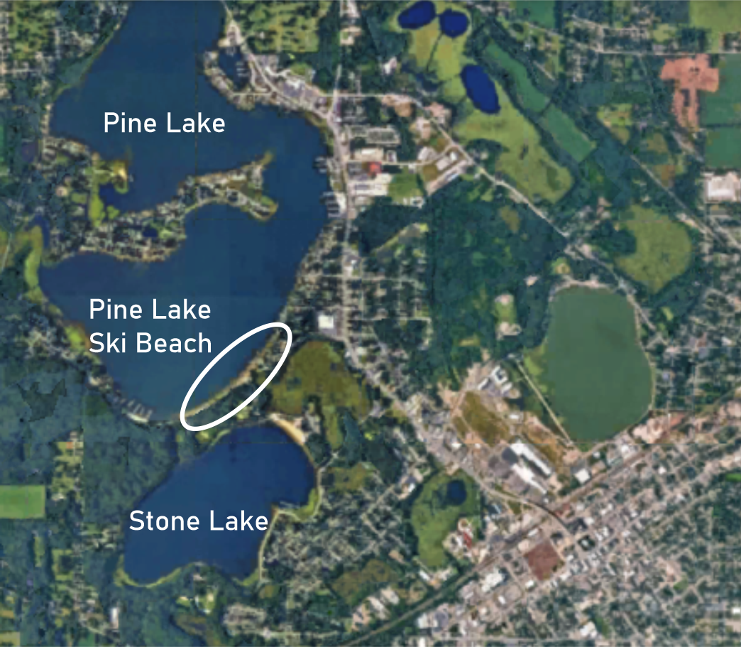 Satellite map showing Pine Lake, Stone Lake, and Pine Lake Ski Beach with surrounding parks, residential areas, and lakes.