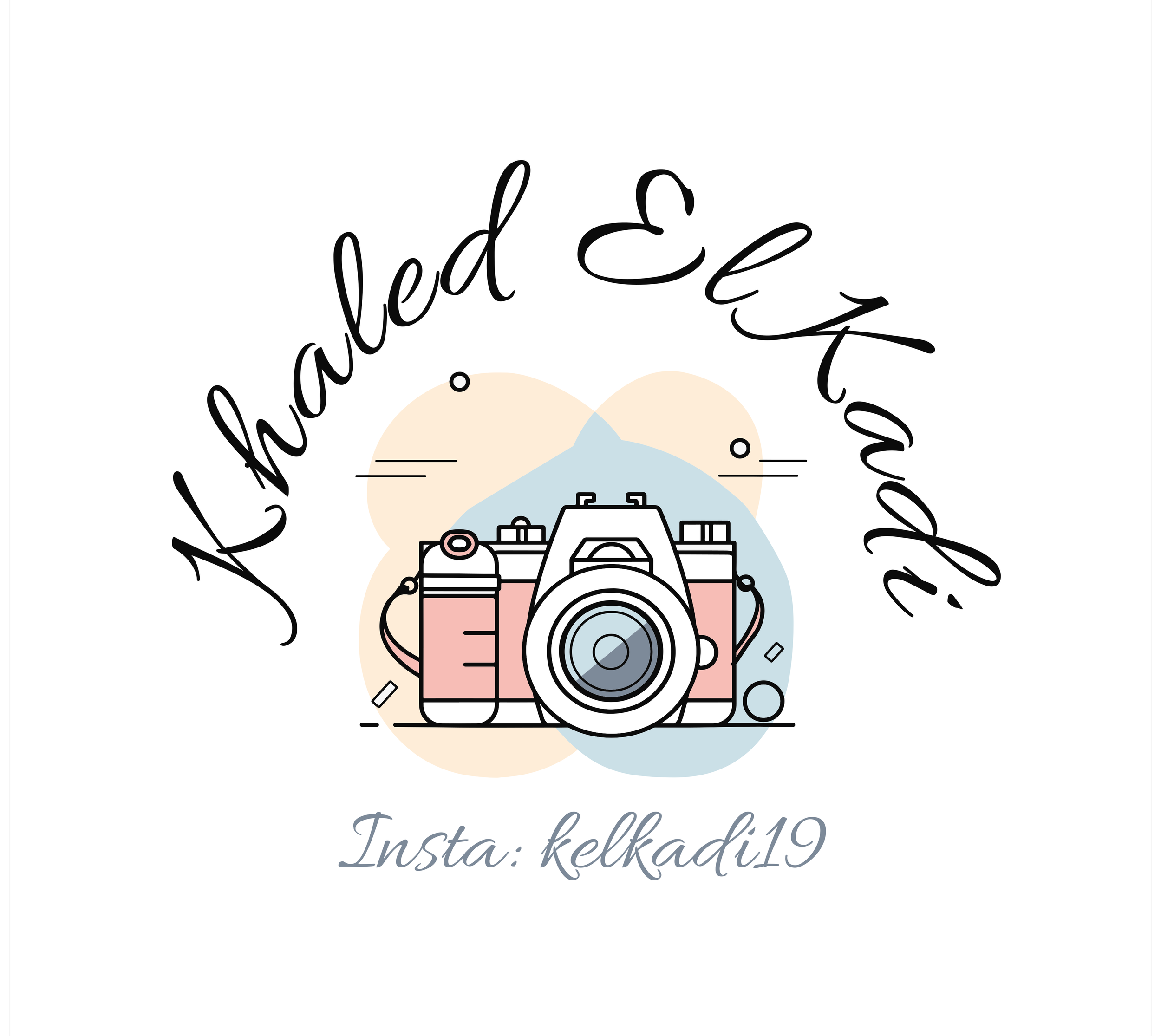 Illustration of a camera with abstract colored backgrounds and a circular graphic, with text that reads 'kahtawaed ekzkuai' in cursive font and 'Insta: kelkad19' below.