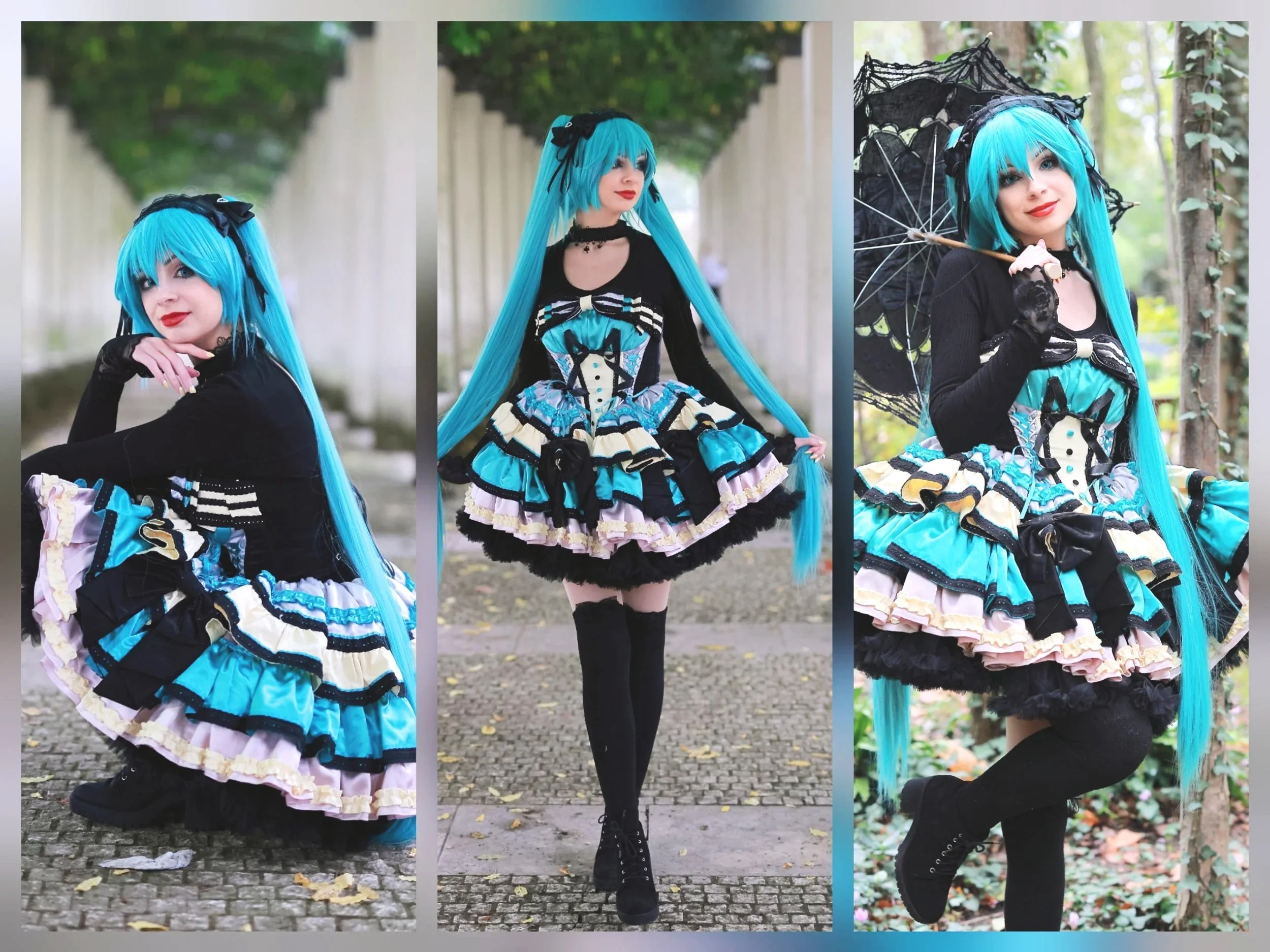 Jeune femme portant un costume coloré de style cosplay ou gothique avec une longue perruque bleue, des accessoires noirs, et un parapluie noir à pois, posant dans un décor naturel avec des arbres et un chemin pavé.