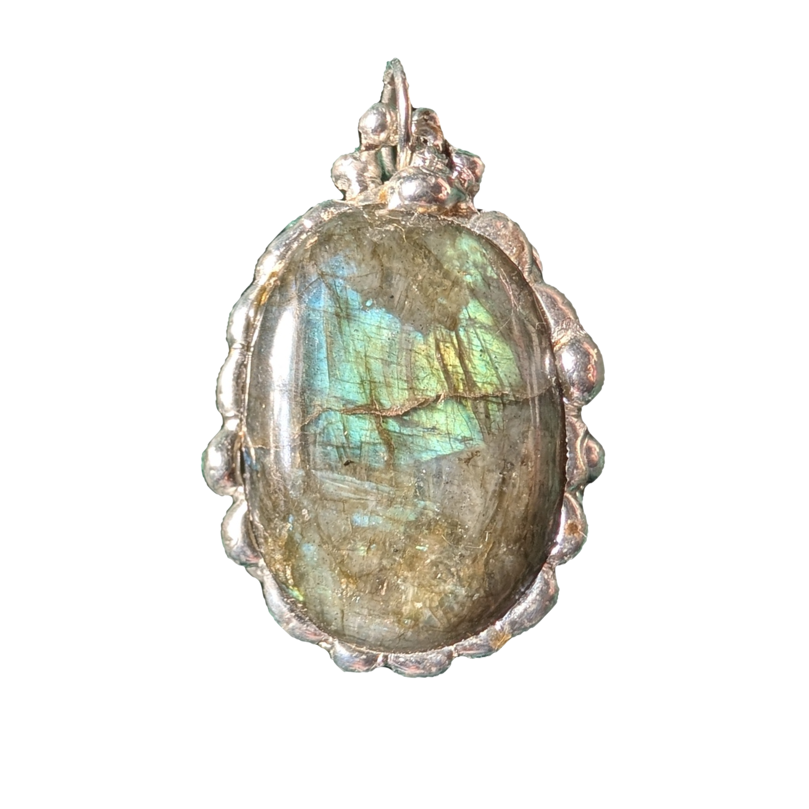Upcycled labradorite pendant with natural blue-green flash. One-of-one statement piece by NECIA x Calicá.png