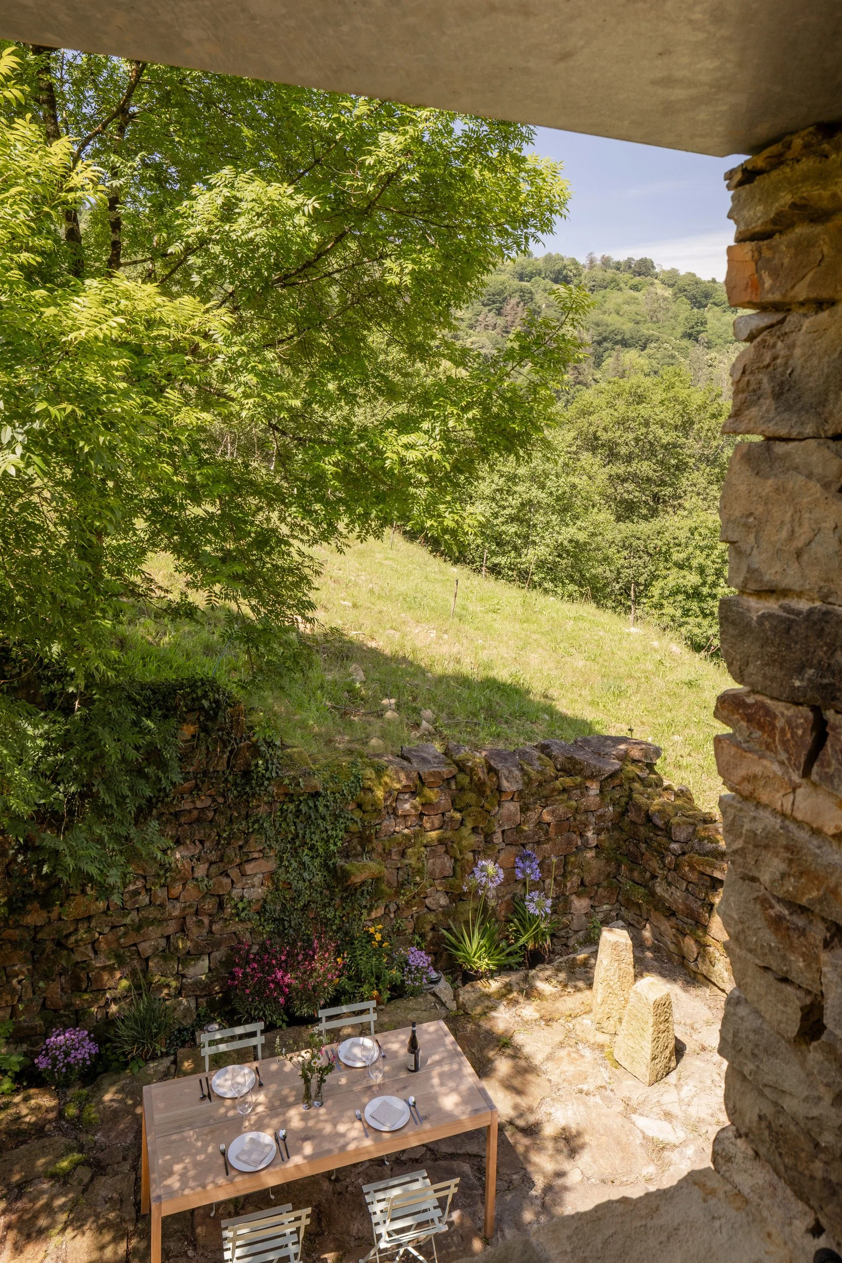Jardín natural con grandes árboles de follaje verde brillante, praderas verdes, muro de piedra antigua, mesa de madera con banco y cielo azul despejado. Paisaje rural y sereno de los Valles Pasiegos en primavera o verano.