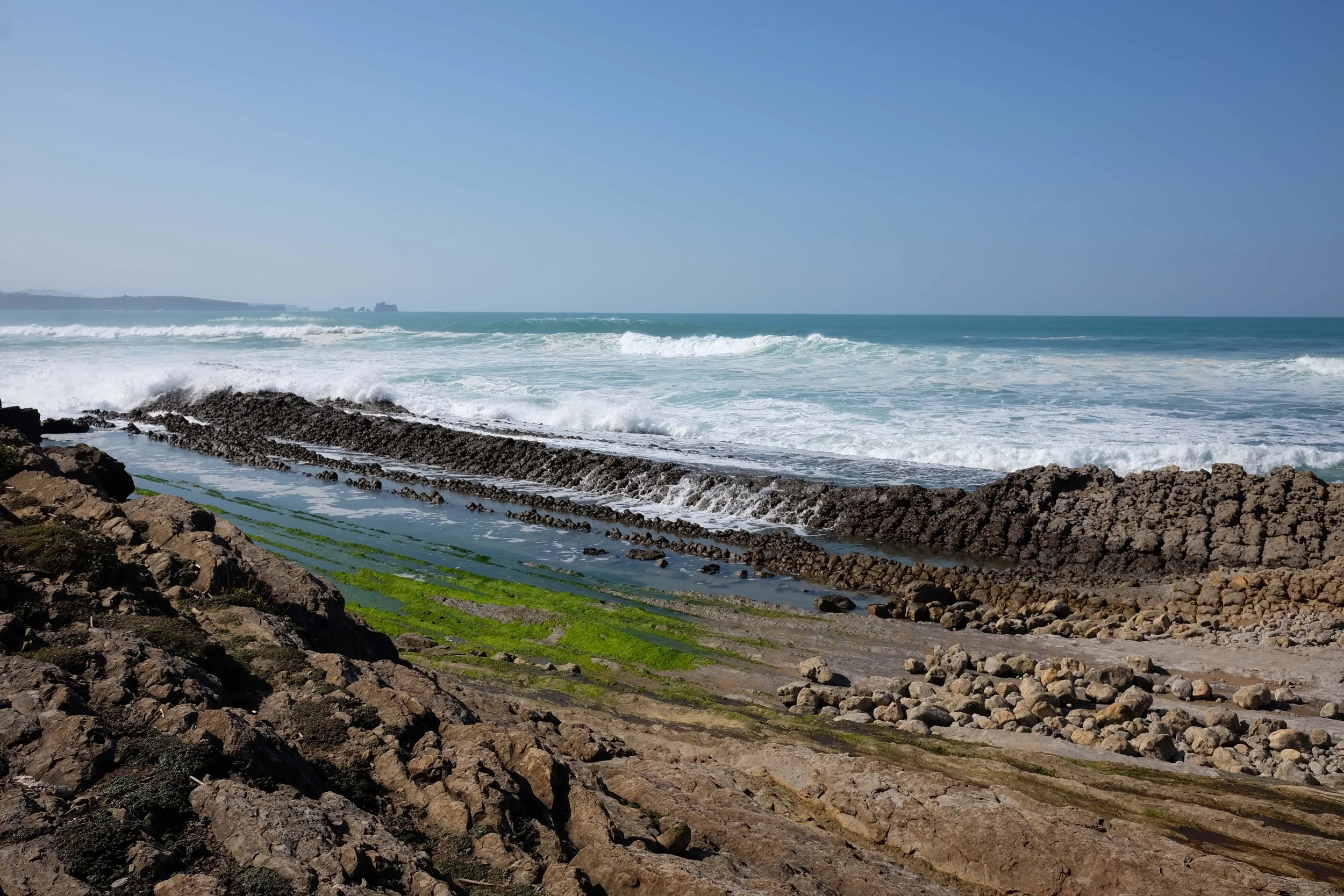Costa rocosa con algas verdes y olas del mar bajo cielo despejado.