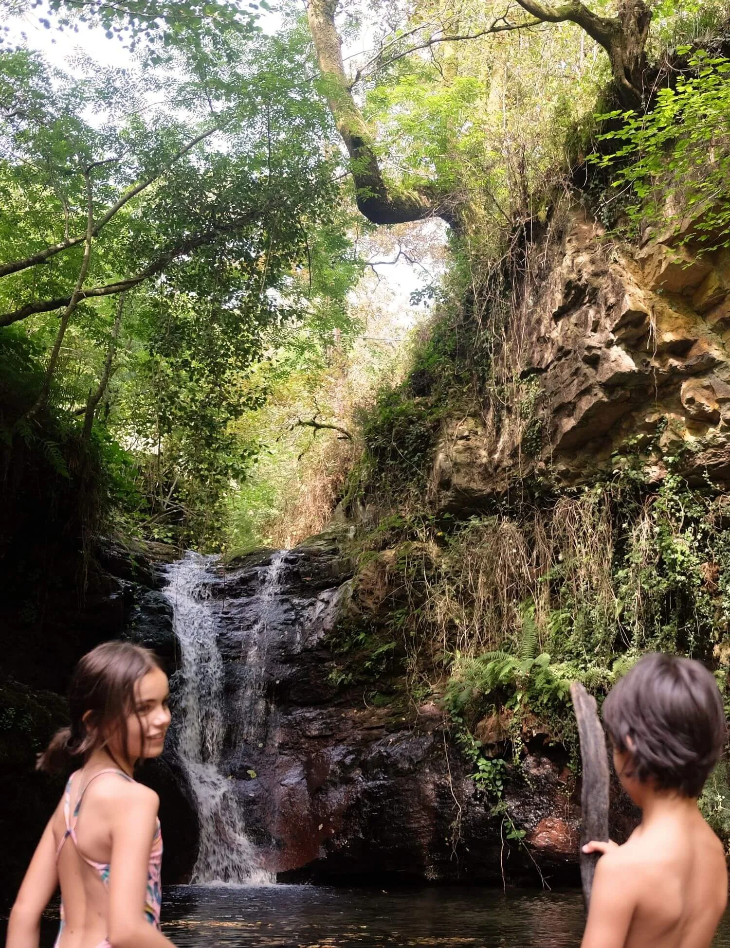 Niños en un río con cascada en un entorno de selva.