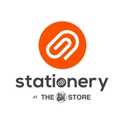 Logo for a stationery store featuring a stylized orange circle with a white abstract design, and the text 'stationery at the S.SM store' with a target-like icon in the 'O' of 'stationery'.