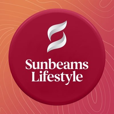A circular logo with a white flame icon and the text 'Sunbeams Lifestyle' on a red background with wavy line patterns.