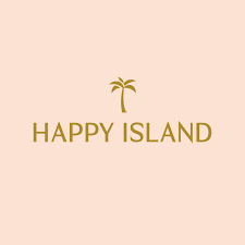 Logo with a palm tree and the words 'HAPPY ISLAND' in gold text on a light pink background.