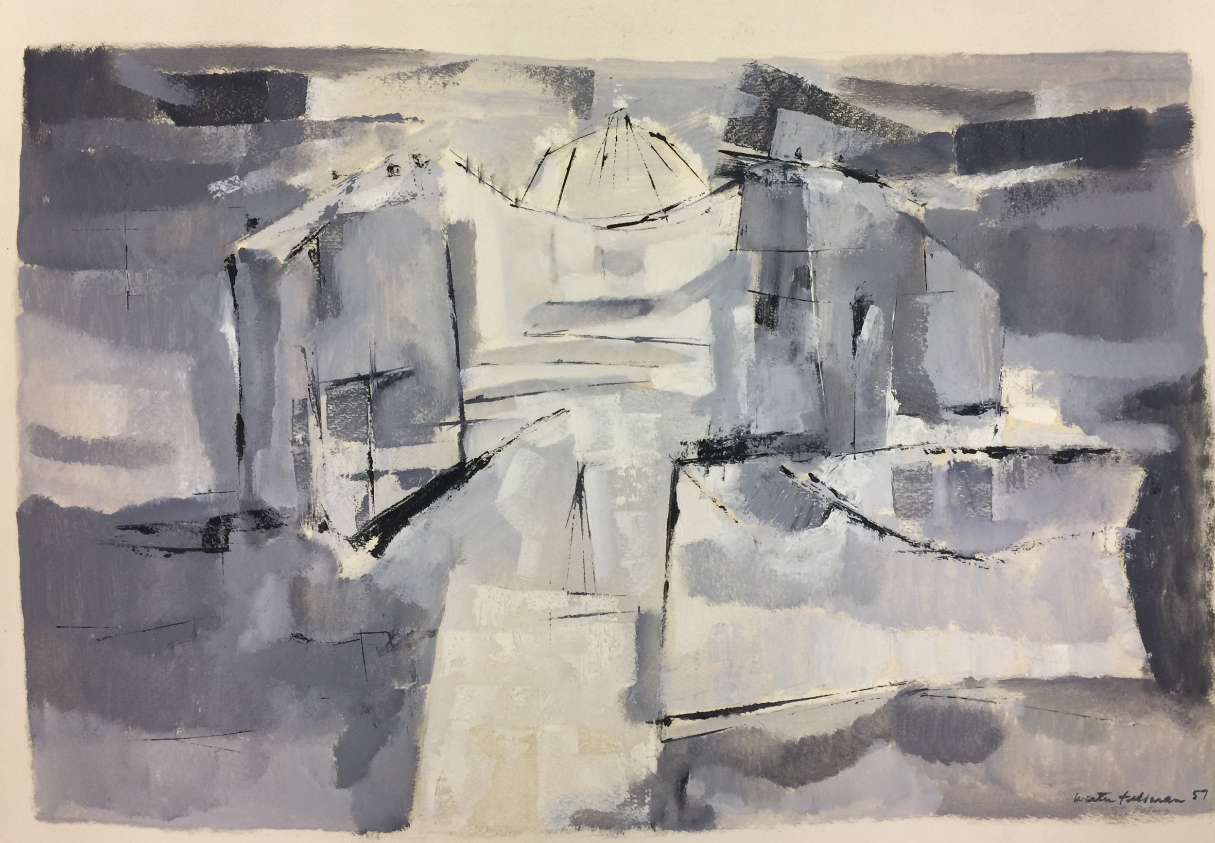 1957, SAN PIETRO 
Provenance: Kraushaar Galleries Label
Watercolor  
Framed $500.
