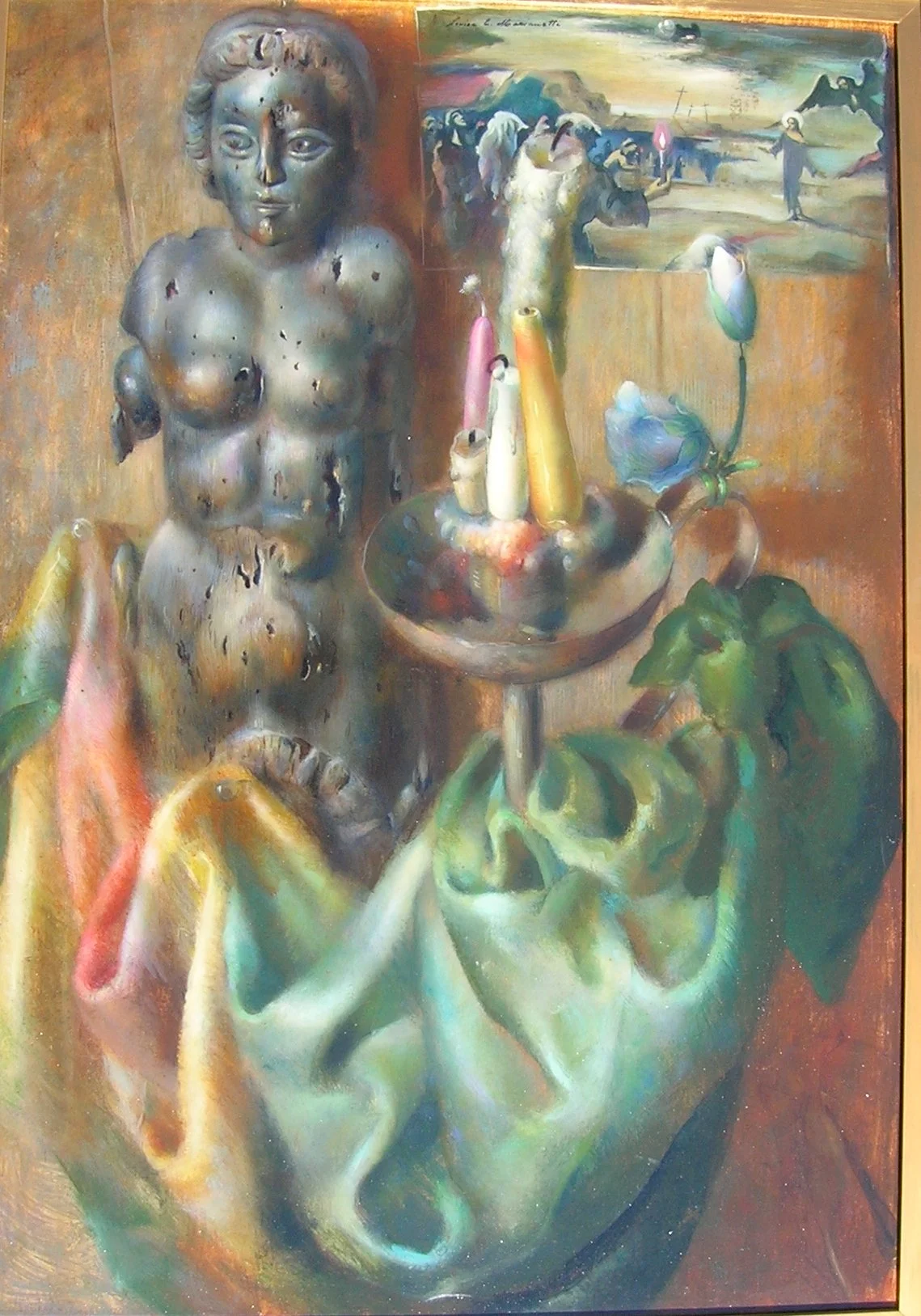 PAINTING: 1949, WOODEN FIGURE
Framed $2,800. 
