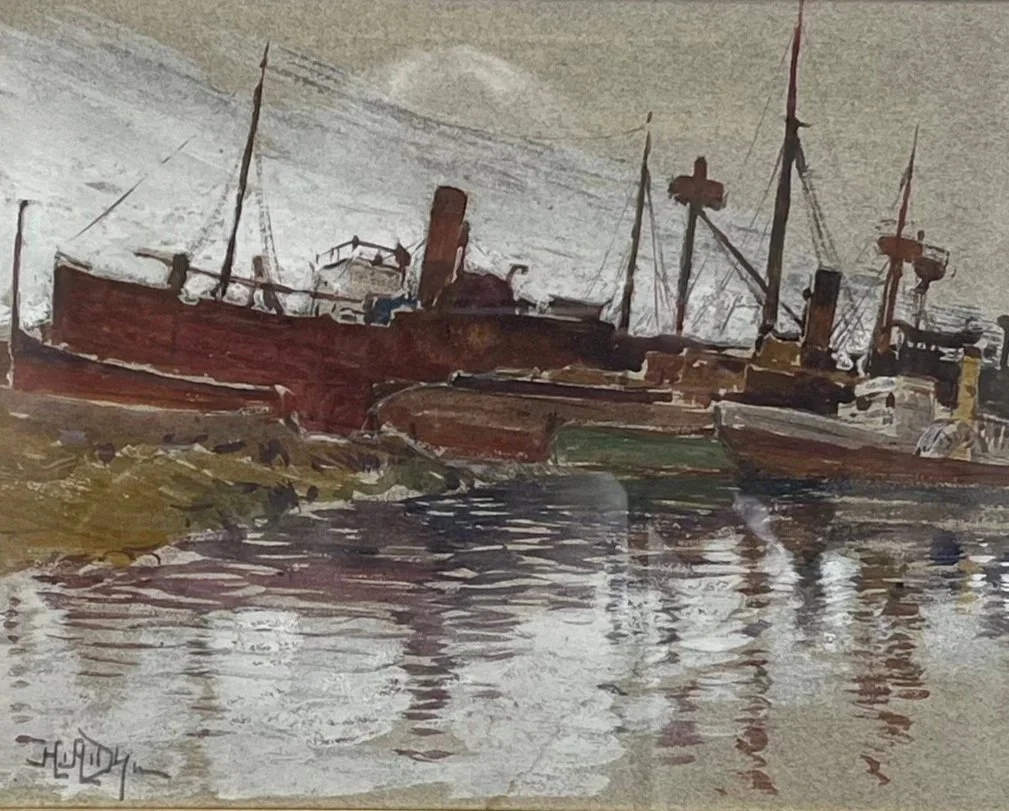 H.A. Dyer (1872 - 1943)
WORKING BOATS AT DOCK
Framed $400.
