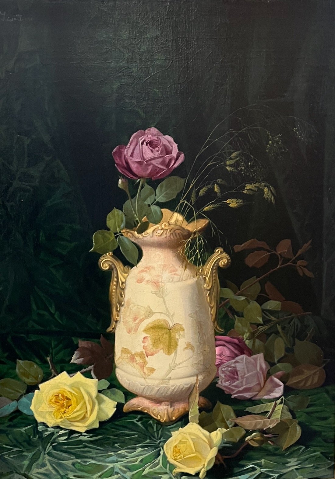 E.C. Leavitt ((1842 – 1904)
ROSES IN CERAMIC VASE
Framed $1,500.