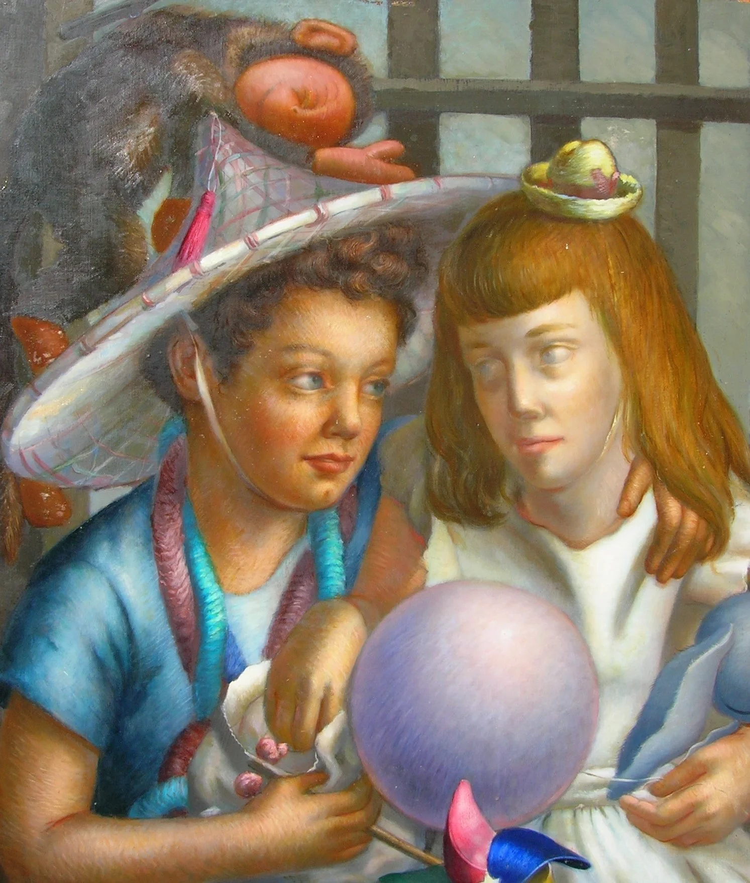 A grayscale painting of a woman with curly hair resting her head on a musical instrument, possibly a harp or guitar, with a reflective surface capturing some furniture.