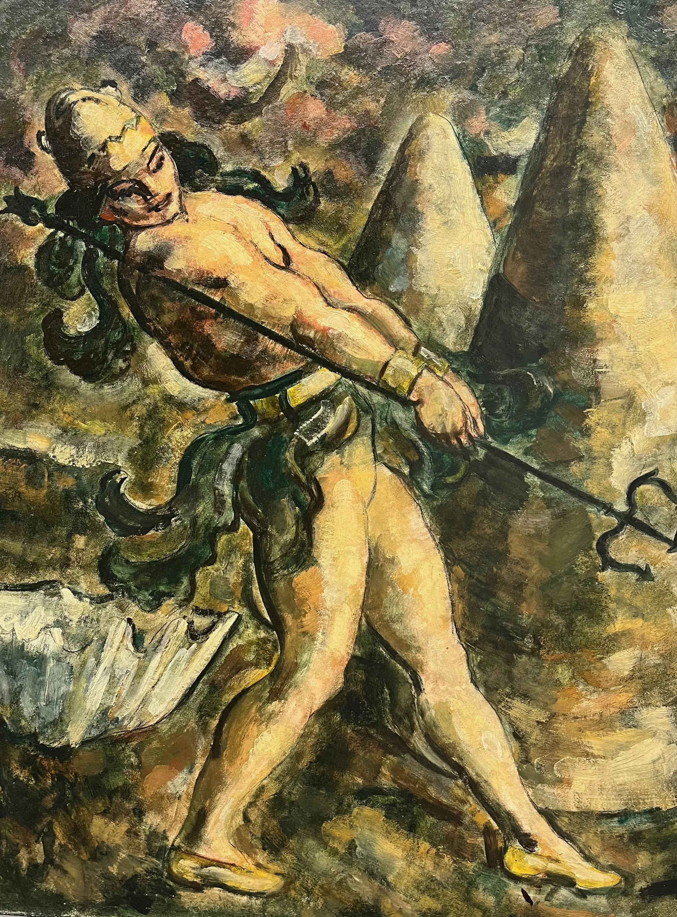 Impressionist painting of a woman sitting on a bed with two men, one standing and one leaning over, in a bedroom with flowers and a bird.