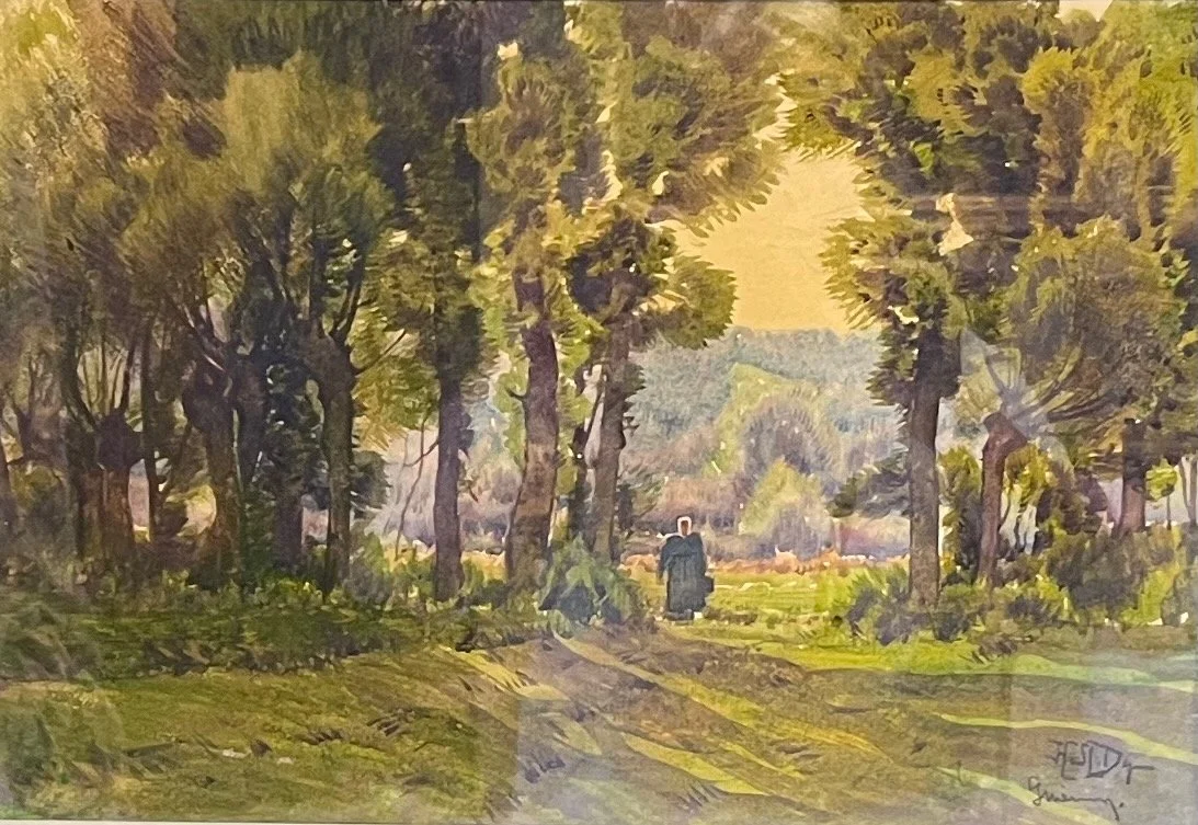 A watercolor painting of an old hillside village with stone buildings, a woman sitting on a ledge, and mountains in the background.