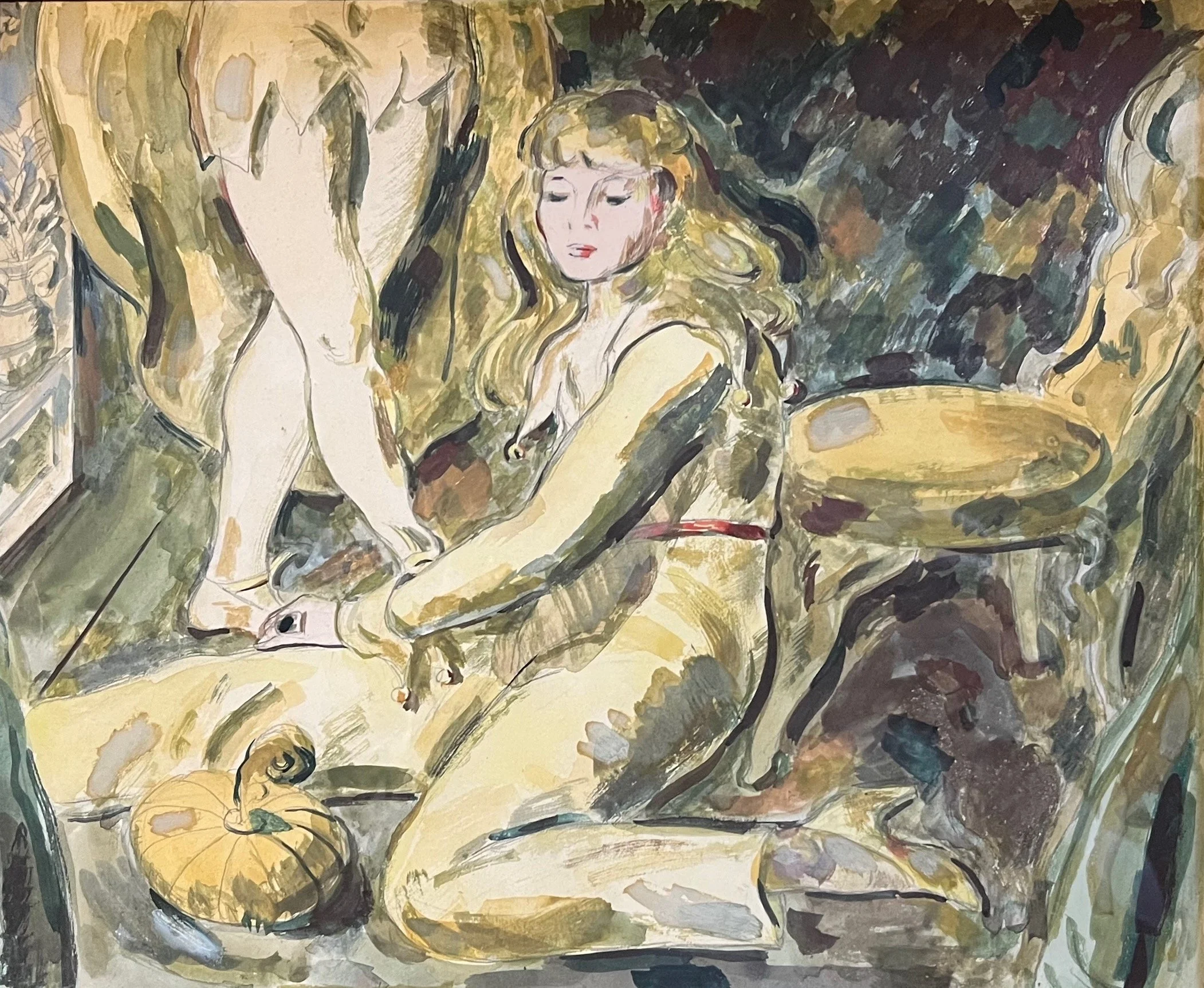 Impressionist painting of a woman sitting on a bed with two men, one standing and one leaning over, in a bedroom with flowers and a bird.