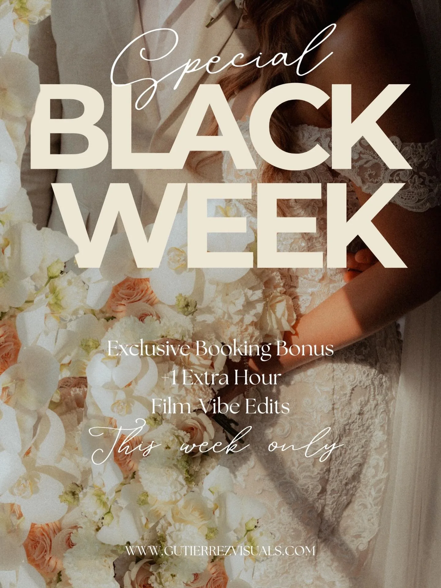 ✨ BLACK WEEK WEDDING PHOTOGRAPHY SPECIAL ✨
Book your wedding photography this week and receive amazing bonuses at no extra cost:
&bull; +1 extra hour of coverage &mdash; FREE
&bull; Complimentary online gallery of film-style photos
&bull; Free consul