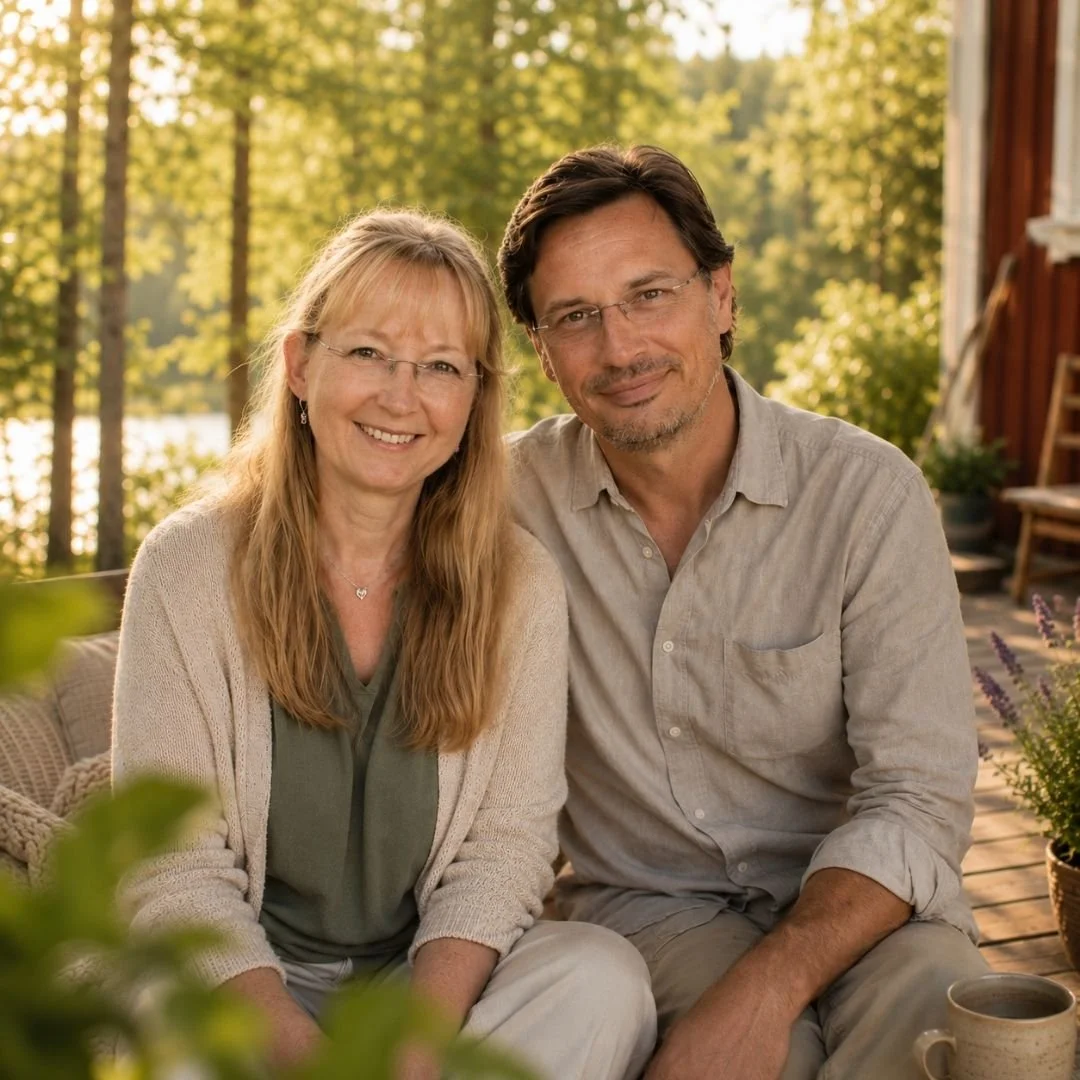 A smiling middle-aged couple sitting outdoors on a wooden deck in a lush, green area near a body of water. The woman has long blonde hair and glasses, and the man has dark hair and glasses. They are dressed casually, enjoying nature and sunshine.