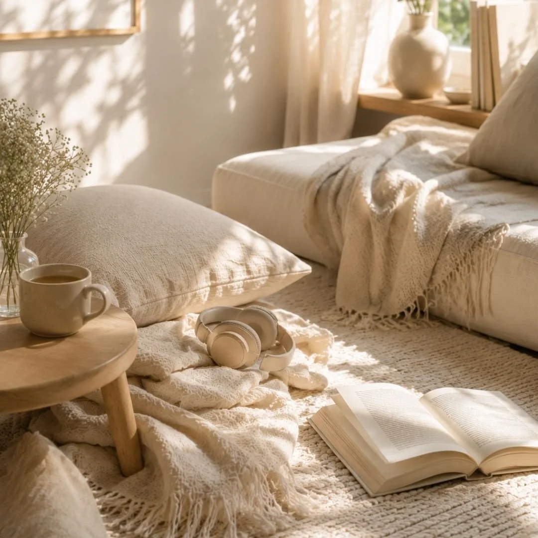 Cozy bedroom with sunlight streaming through curtains, beige bedding, open book, headphones, white mug, vase with flowers, and decorative items.