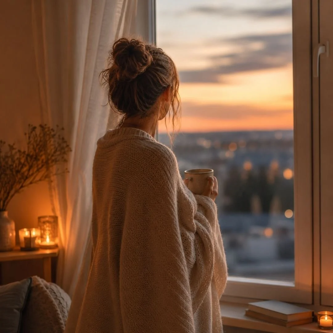 A woman with a messy bun, wrapped in a cozy sweater, gazes out of a window holding a mug, during sunset. The room is softly lit with candles and a small table with books.