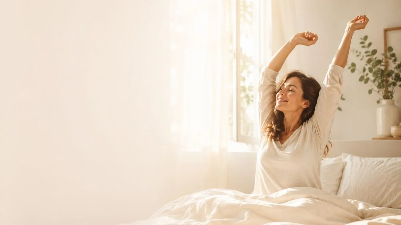 peaceful woman waking up refreshed.