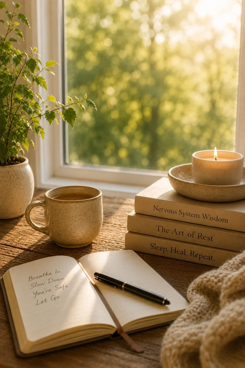 Cozy sunlit reading corner with a journal, tea, candle and books about sleep, rest and nervous system wellbeing.