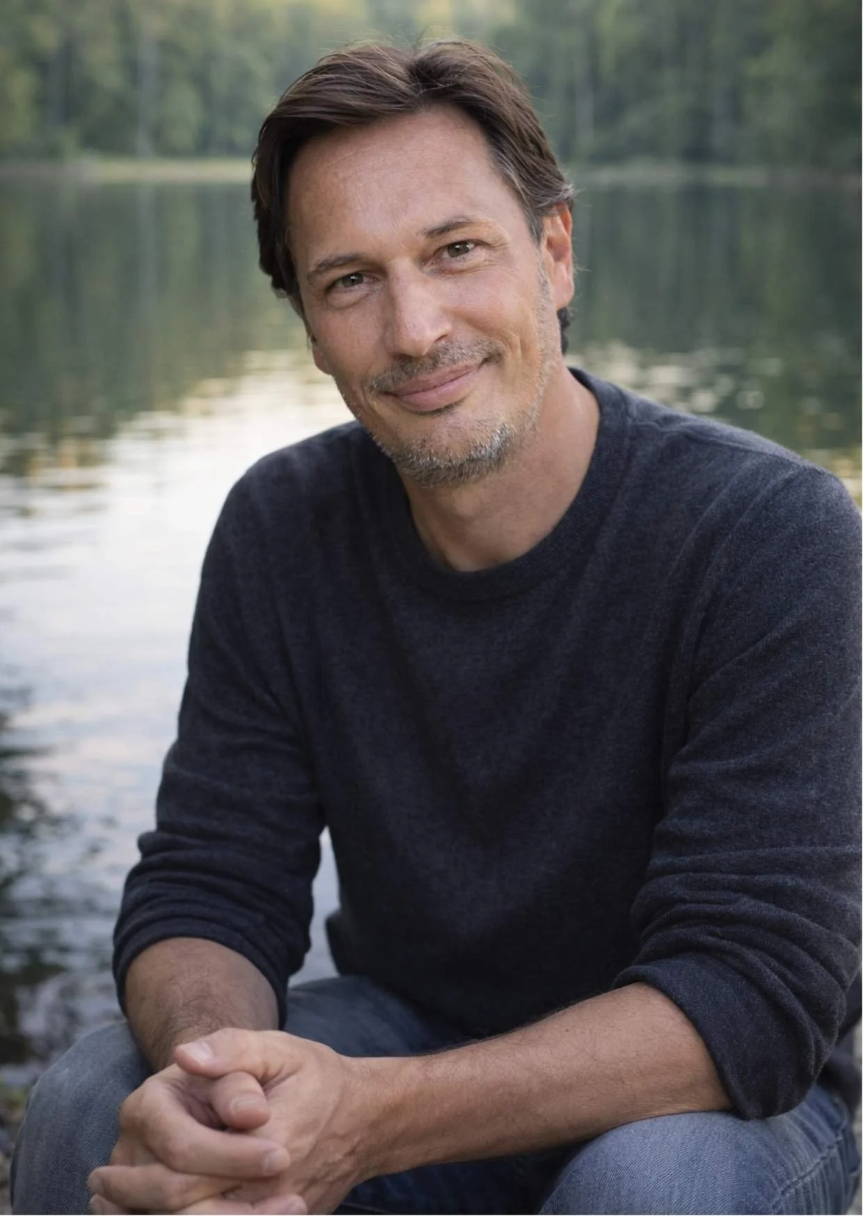 A man looking friendly, sitting by waterside