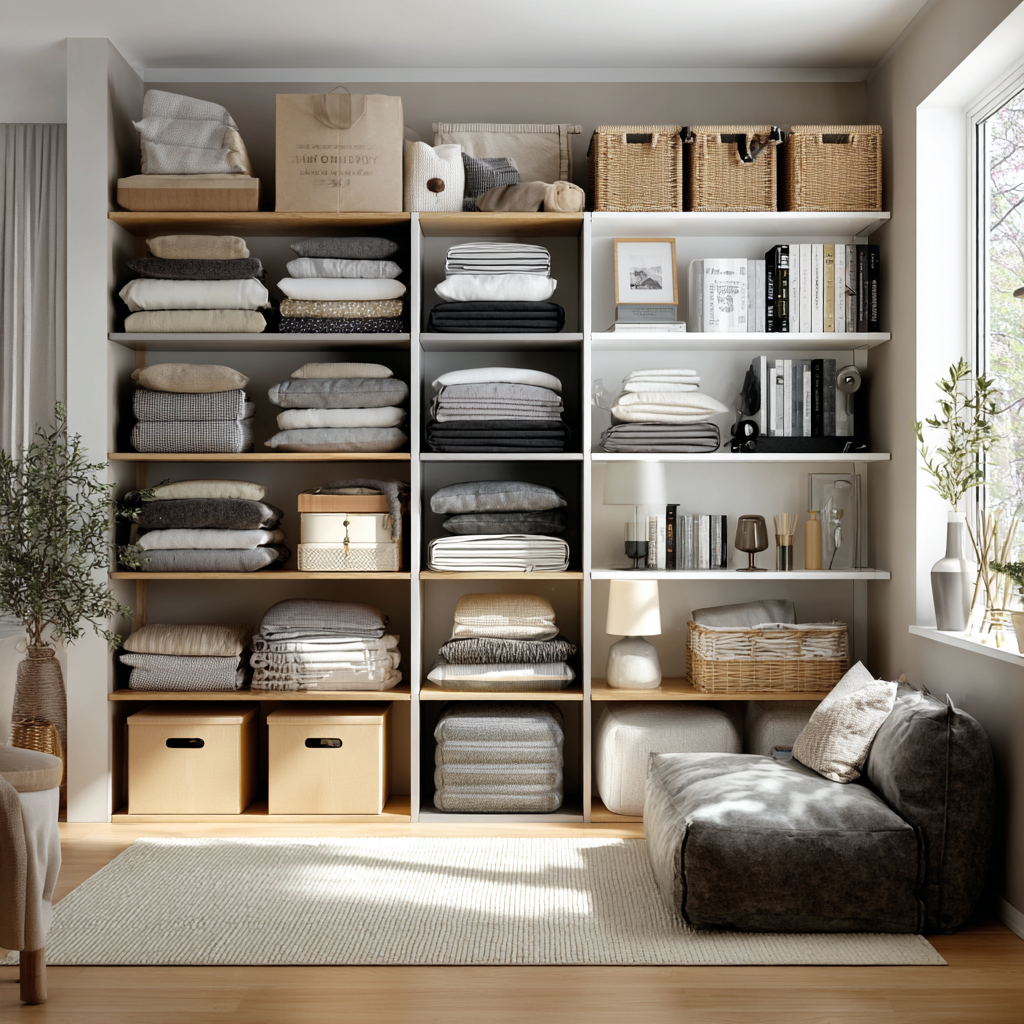 Organized shelving unit with folded clothes, books, and decorative items in a cozy room with a window and plants.