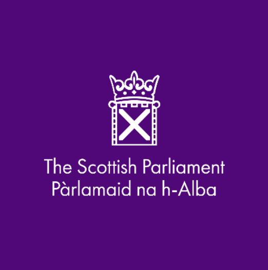 Logo of the Scottish Parliament with a crown above a shield containing a white X, on a purple background, with the text 'The Scottish Parliament Pàrlamaid na h-Alba'.