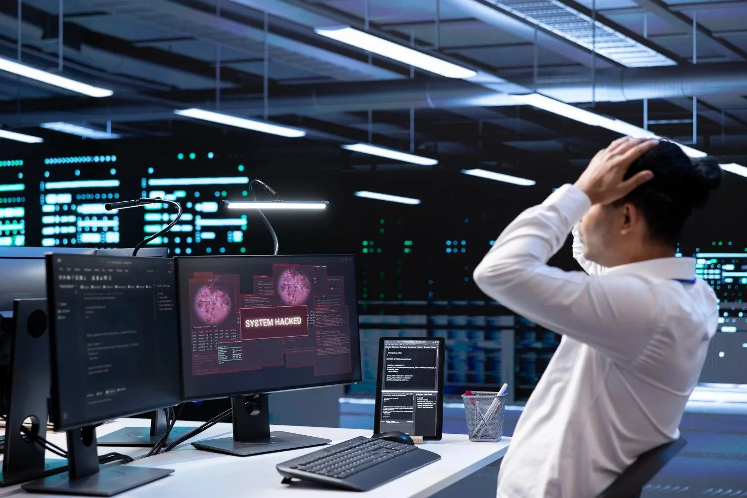 A person at a computer in a data center with multiple monitors displaying hacking alert, including a message that reads 'SYSTEM HACKED'. The individual is holding their head with one hand, looking distressed.