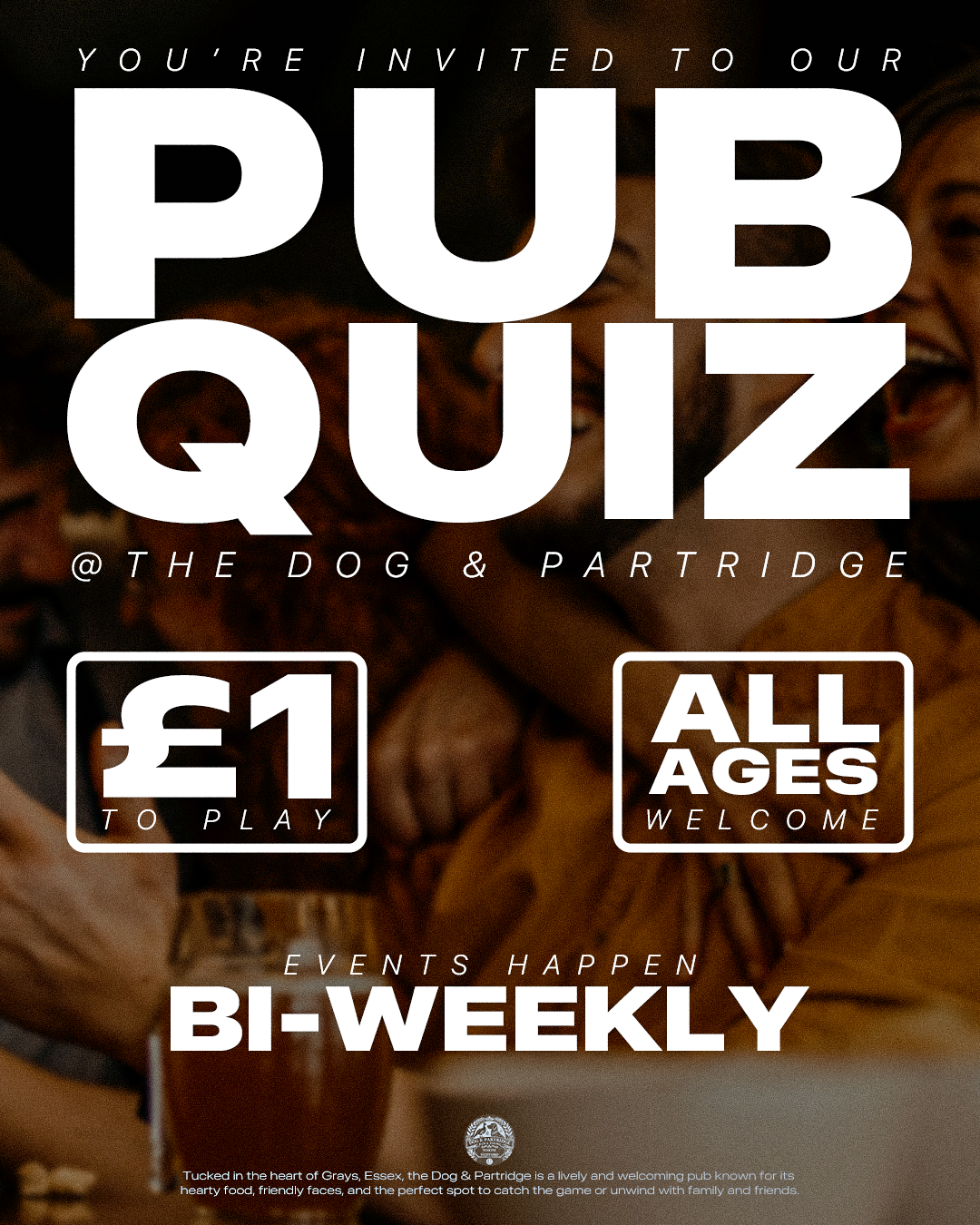 Think you’ve got what it takes? Join us every other Tuesday for our bi-weekly pub quiz — just £1 to play, all ages welcome, and plenty of prizes (and laughs) up for grabs.