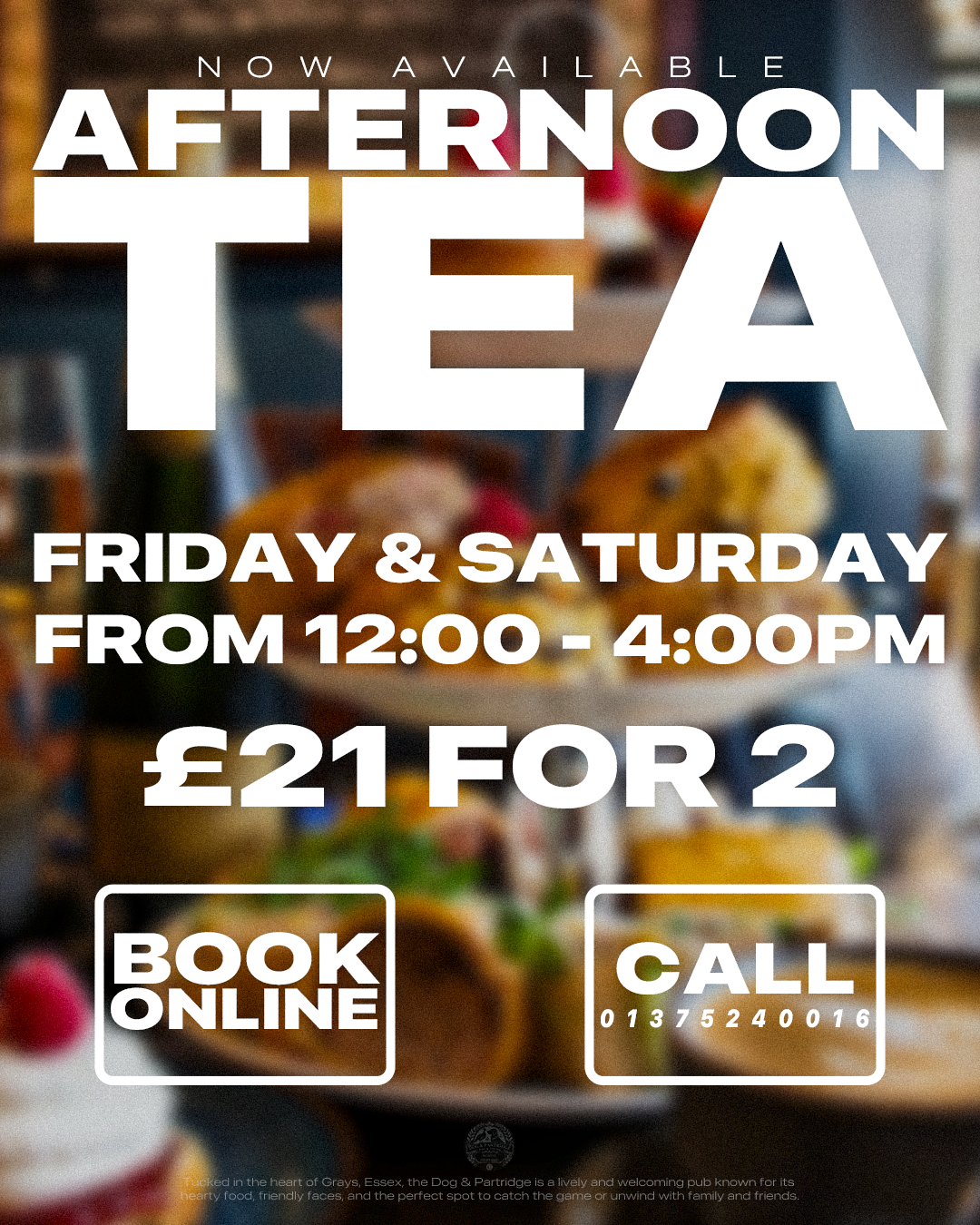Treat yourself to a proper Afternoon Tea, available Fridays and Saturdays from 12–4PM. Just £21 for two — bookings essential!