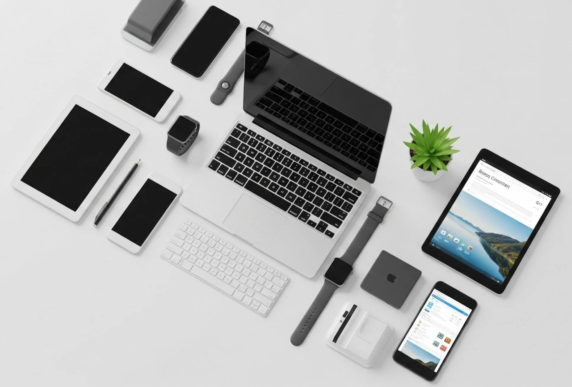 Overhead view of a white workspace with electronic devices including a laptop, tablets, smartphones, a smartwatch, a wireless keyboard, a flash drive, a small gray box, a potted green plant, and various accessories arranged neatly.