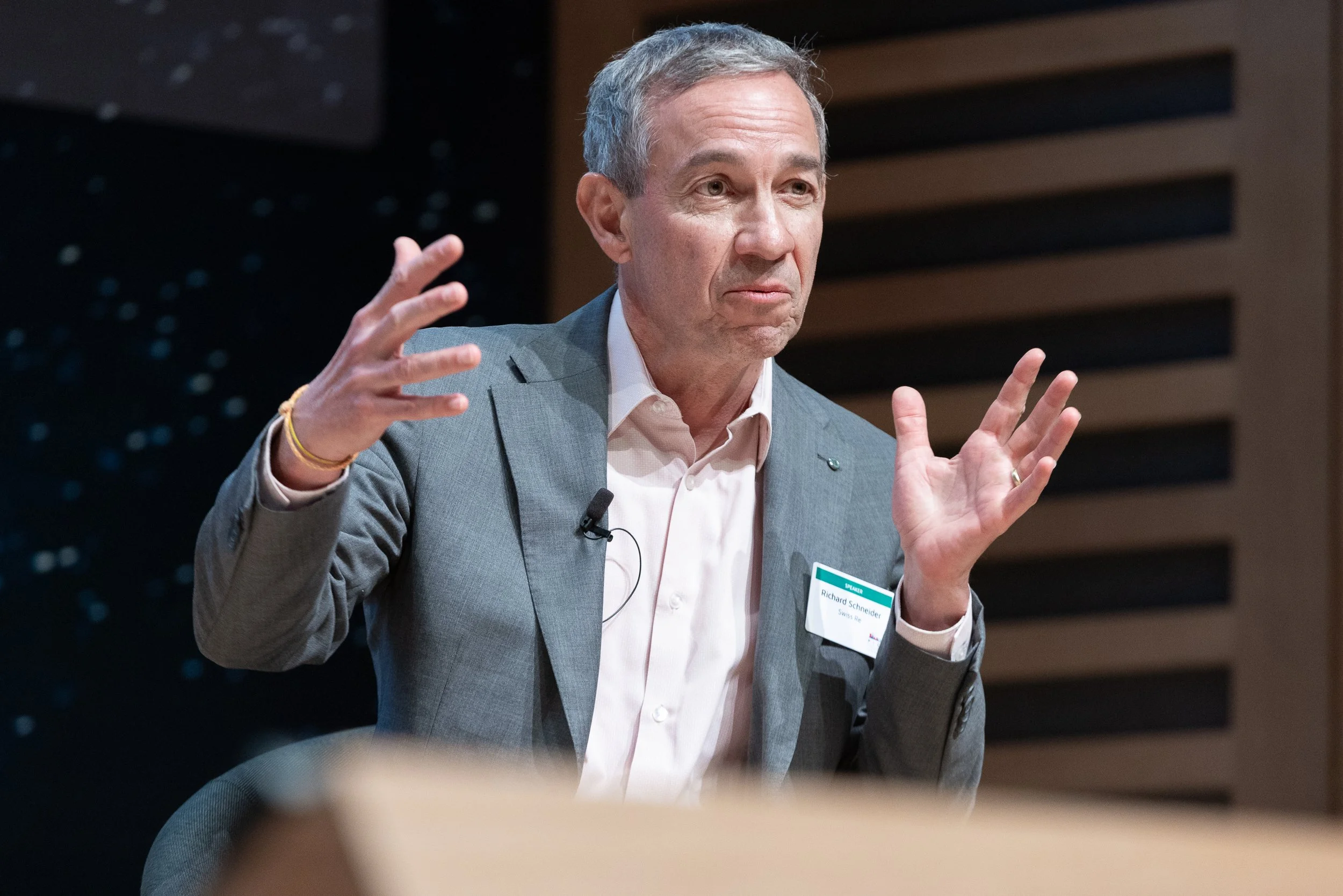 A man wearing a gray suit and white shirt, with a name tag that reads 'Richard Schneider,' is speaking and gesturing with his hands during a presentation or discussion. The background appears to be an indoor conference or seminar setting.