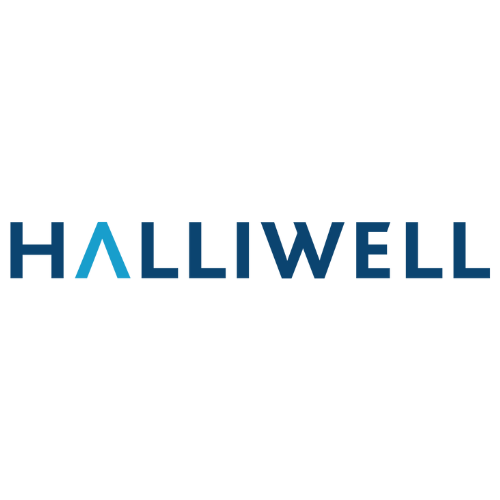 Halliwell logo with black text and blue accents on a black background.