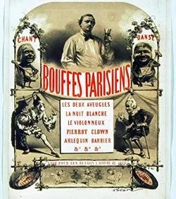 Historisches Plakat des Théâtre Bouffes-Parisiens mit Karikaturen und Programmliste, Zentrum: Jacques Offenbach