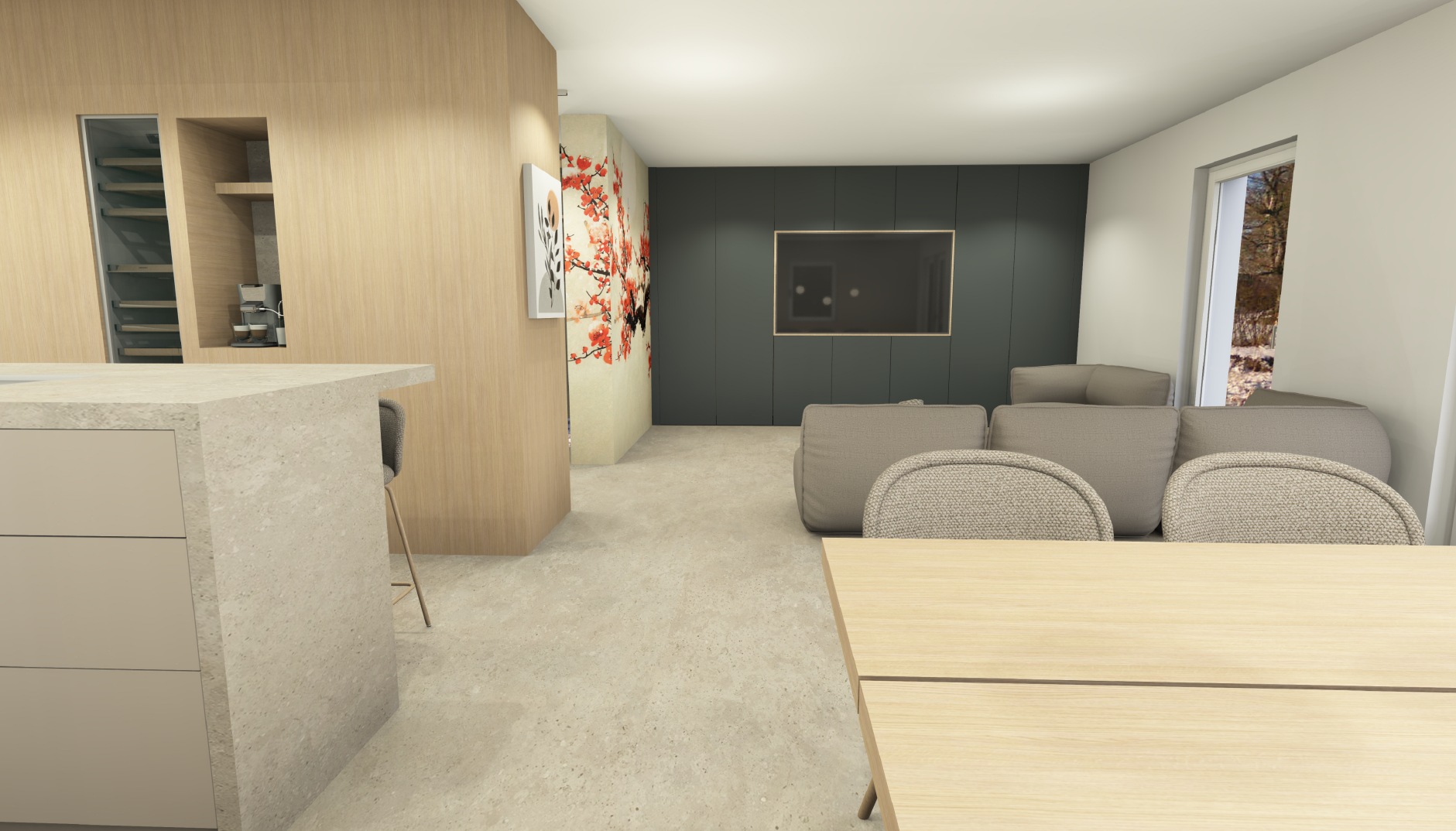 Innenansicht eines modernen Wohn- und Esszimmerbereichs mit Sofa, Essgruppe und Fernseher, große Fenster mit Blick nach draußen, dezente Farbgestaltung in Beige, Grau und Schwarz, Dekorationen mit japanischer Kunst an der Wand.