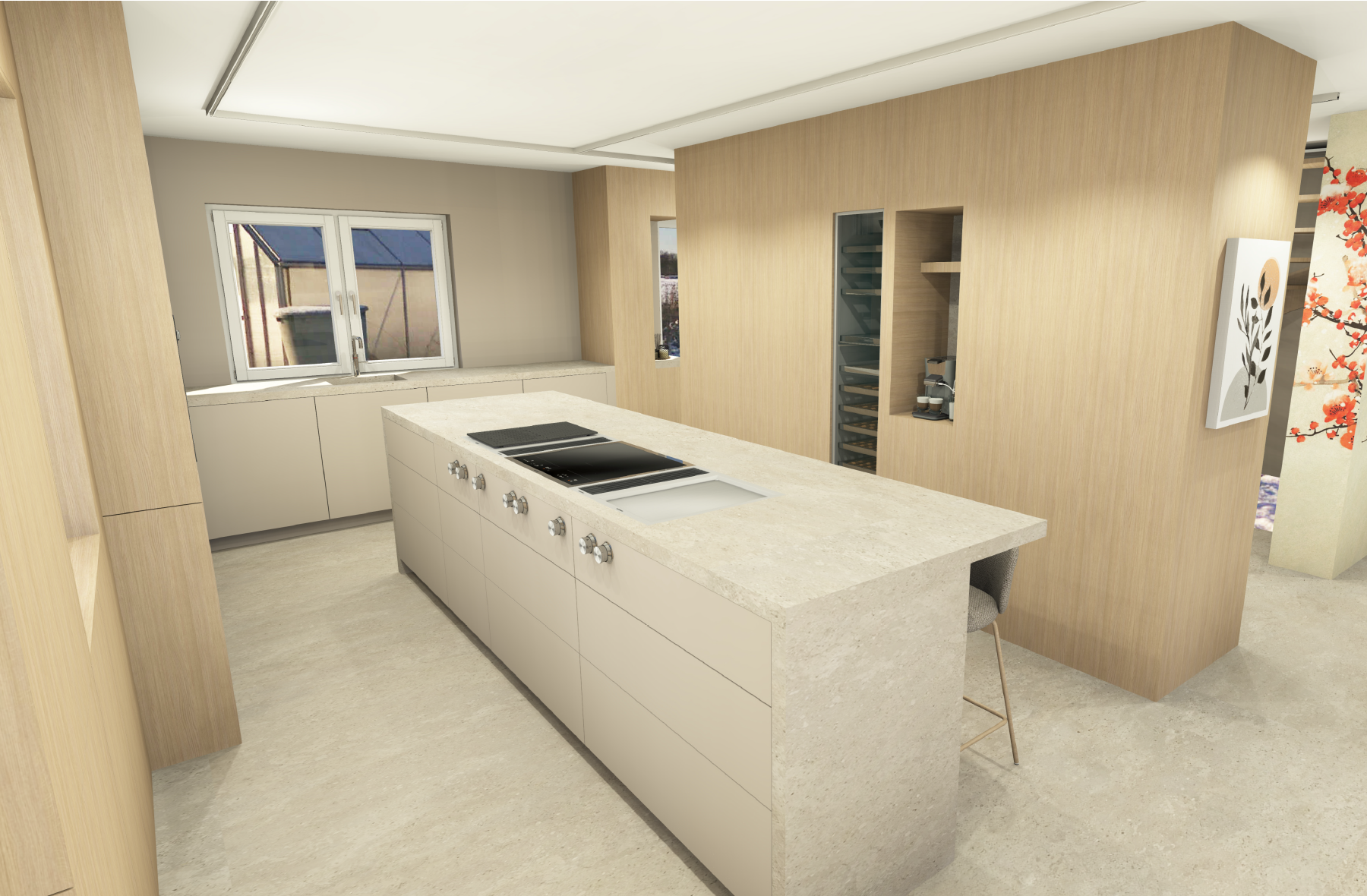 Moderne Küche mit weißem Küchenblock, Holzwandpaneelen und Fenstern.