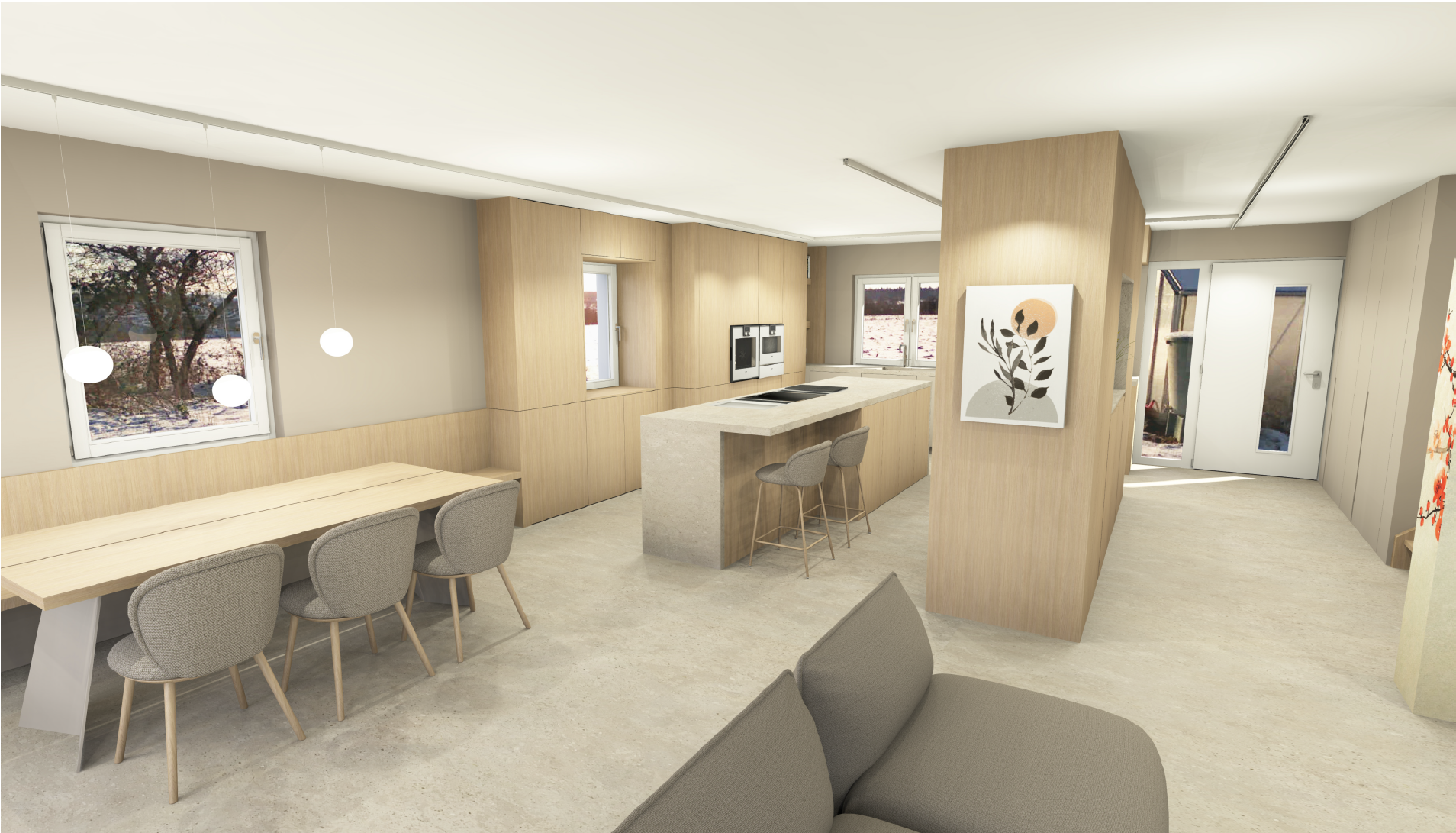 Heller, moderner Wohnraum mit Kücheninsel, Essbereich und großen Fenstern, Holzwände und minimalistisches Dekor.