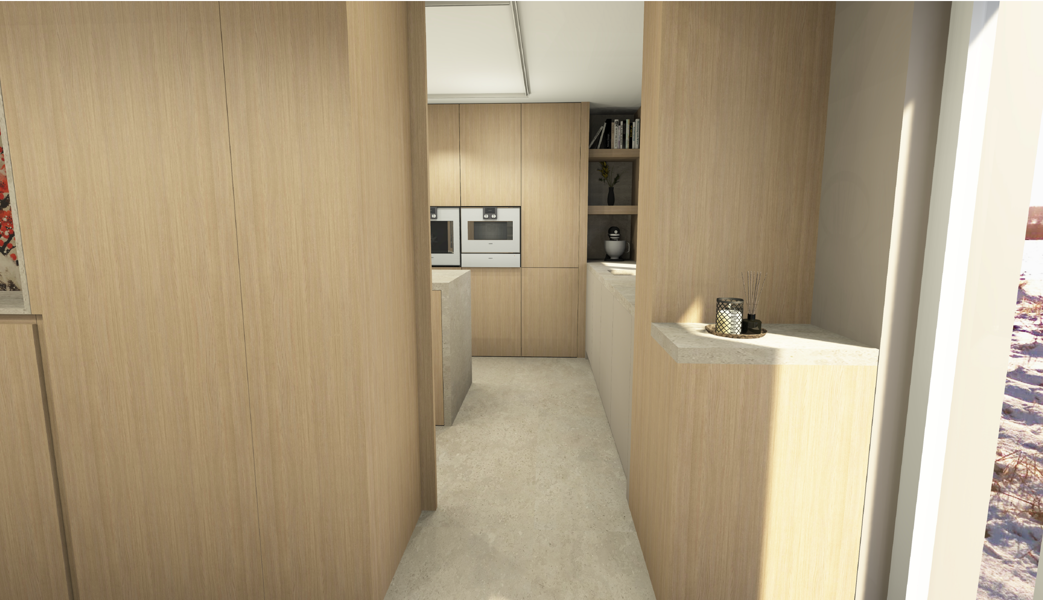 Moderne Küche mit Holzverkleidung, eingebauten Backöfen und minimalistischer Dekoration, Tageslicht durch großes Fenster.