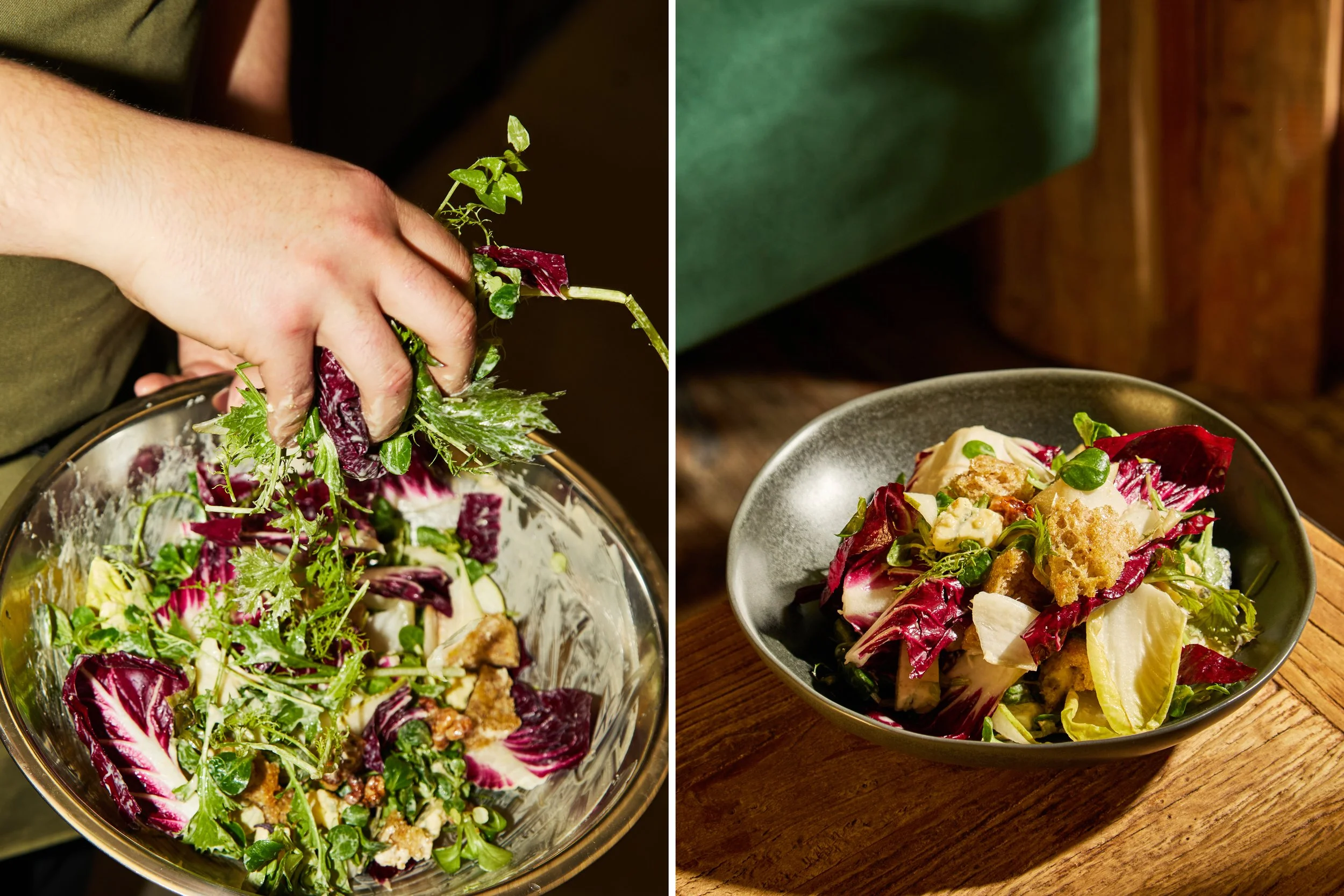 Person tossing a mixed salad with greens and cheese in a metal bowl on the left, and served salad on a black plate with greens, cheese, and other ingredients on the right.