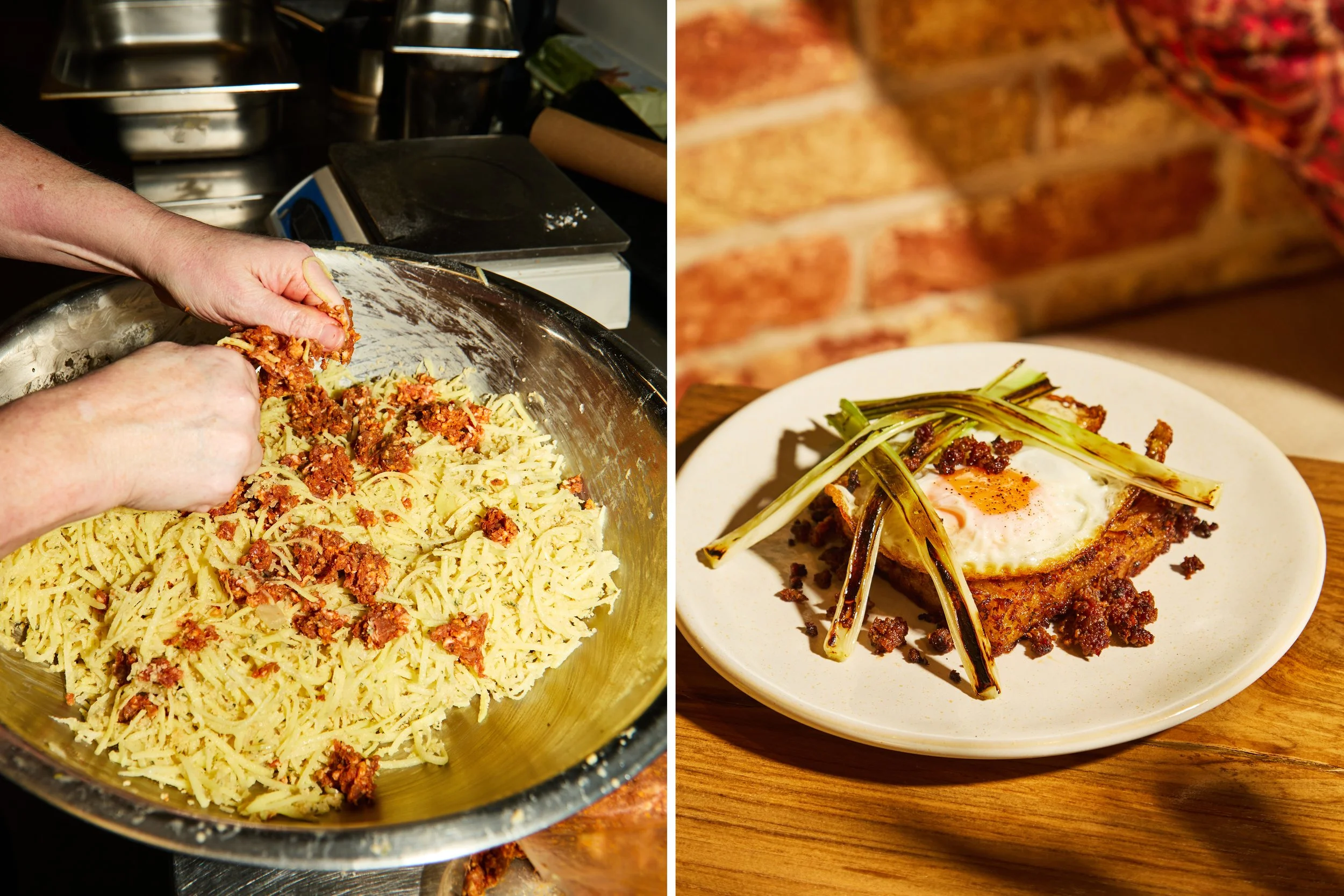 Left side: Someone mixing cooked spaghetti with meat sauce in a large metal bowl, in a kitchen setting. Right side: A plated dish with a fried egg on top of meat sauce and grilled green onions, served on a white plate on a wooden surface with a brick