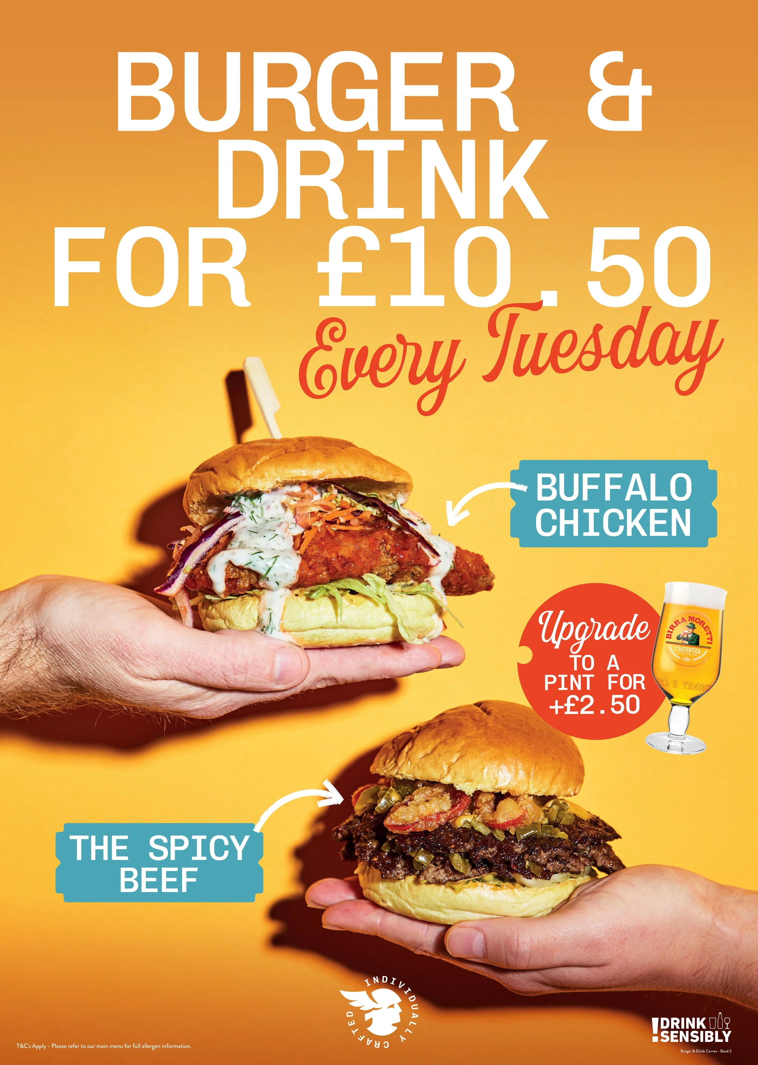 Promotional poster advertising burger and drink deal for 10.50 pounds every Tuesday. Features two burgers, a spicy beef burger and a buffalo chicken burger, with an option to upgrade to a pint of beer for an additional 2.50 pounds. Bright yellow back