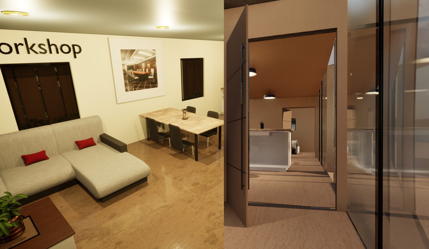 Interior of a modern office space with a beige sectional sofa, a wooden dining table with black chairs, and framed artwork on the wall. Adjacent area shows a hallway with doors and beige walls, illuminated by ceiling lights.